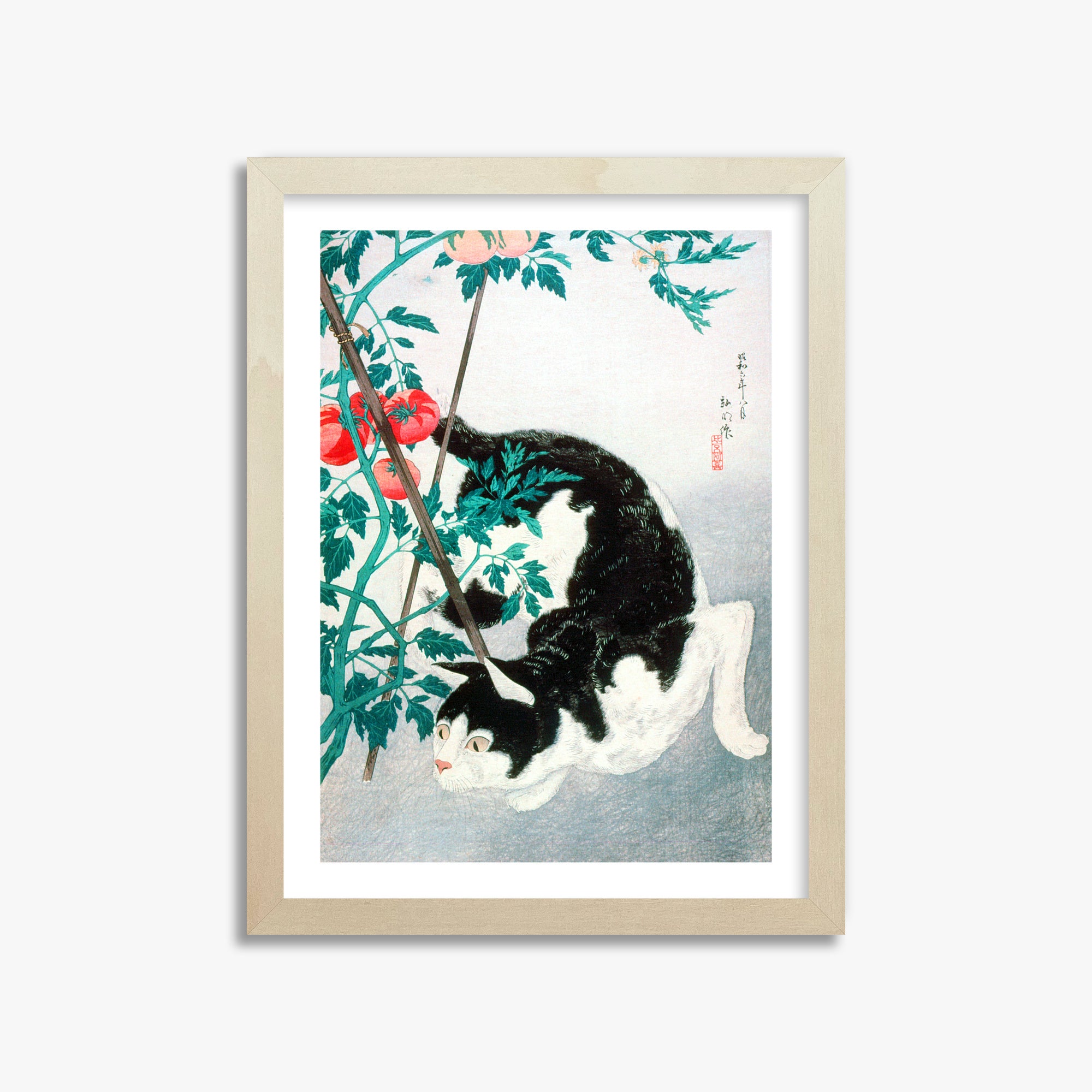Takahashi Hiroaki (Shōtei): Cat with Tomato Plant, 30x40cm Framed Art Reproduction With Lime Wood Frame