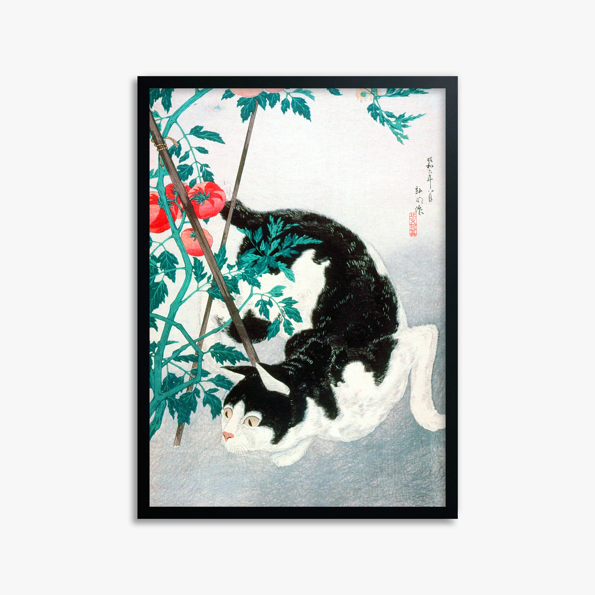 Takahashi Hiroaki (Shōtei): Cat with Tomato Plant, 50x70cm Framed Art Reproduction With Black Frame