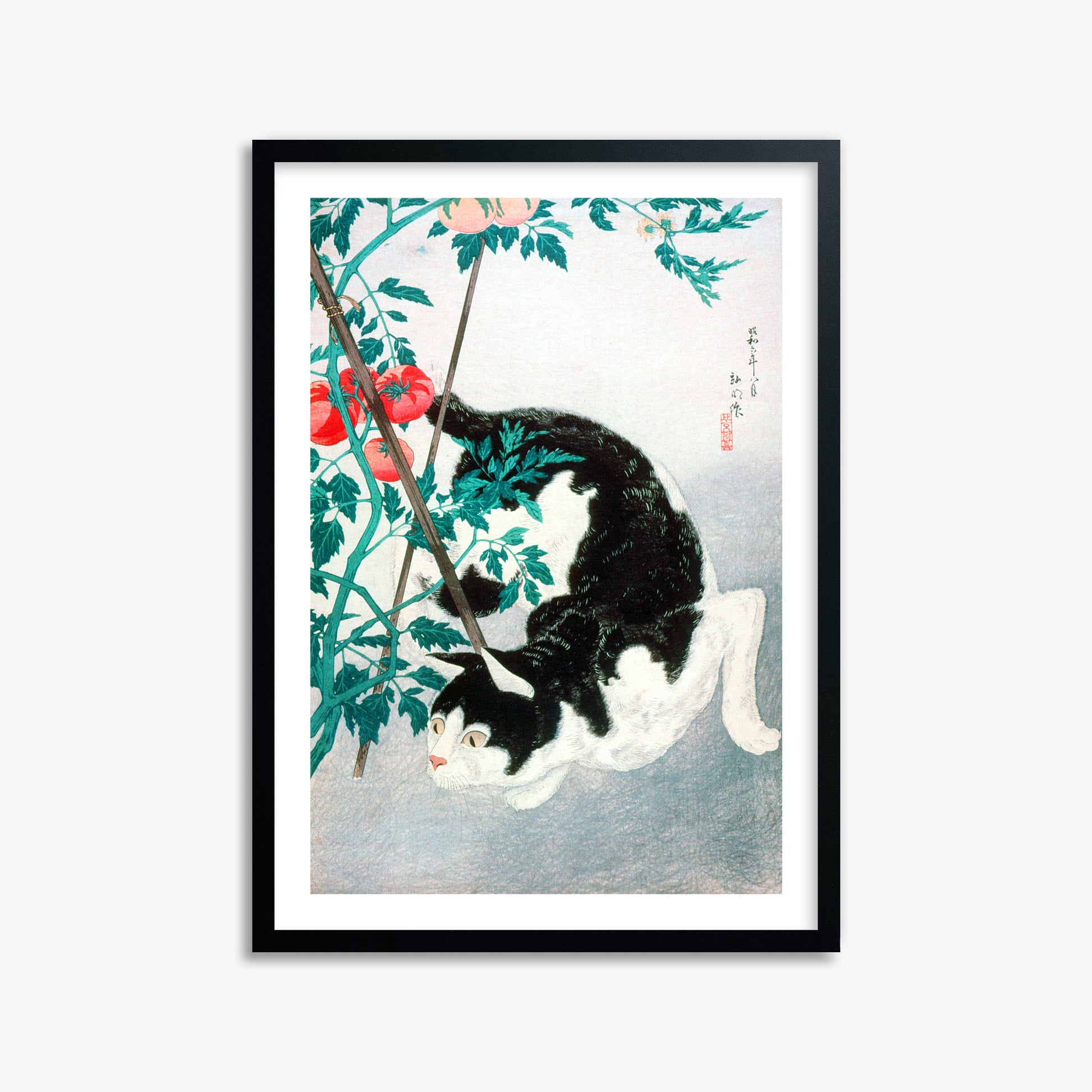 Takahashi Hiroaki (Shōtei): Cat with Tomato Plant, 50x70cm Framed Art Reproduction With Black Frame