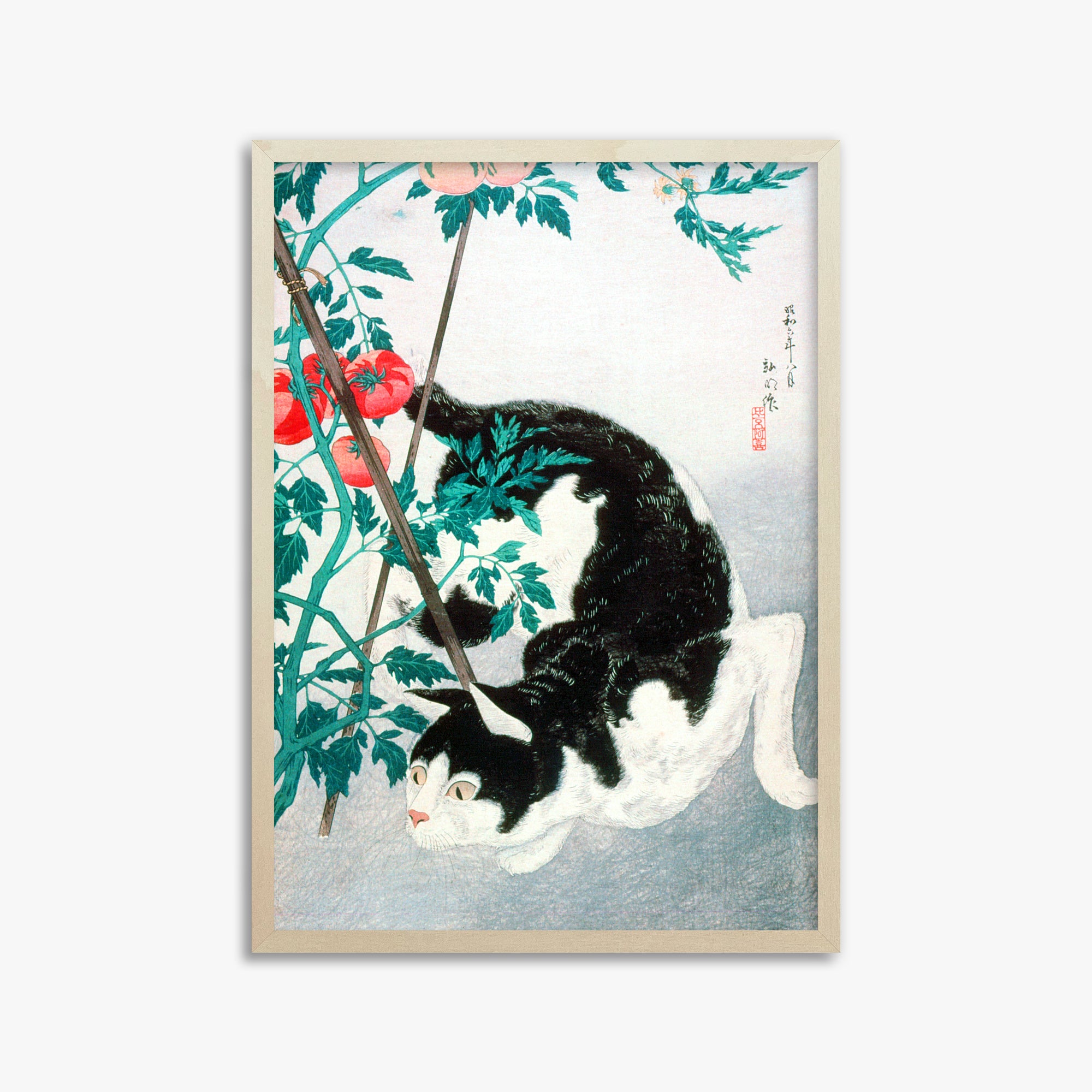 Takahashi Hiroaki (Shōtei): Cat with Tomato Plant, 50x70cm Framed Art Reproduction With Lime Wood Frame