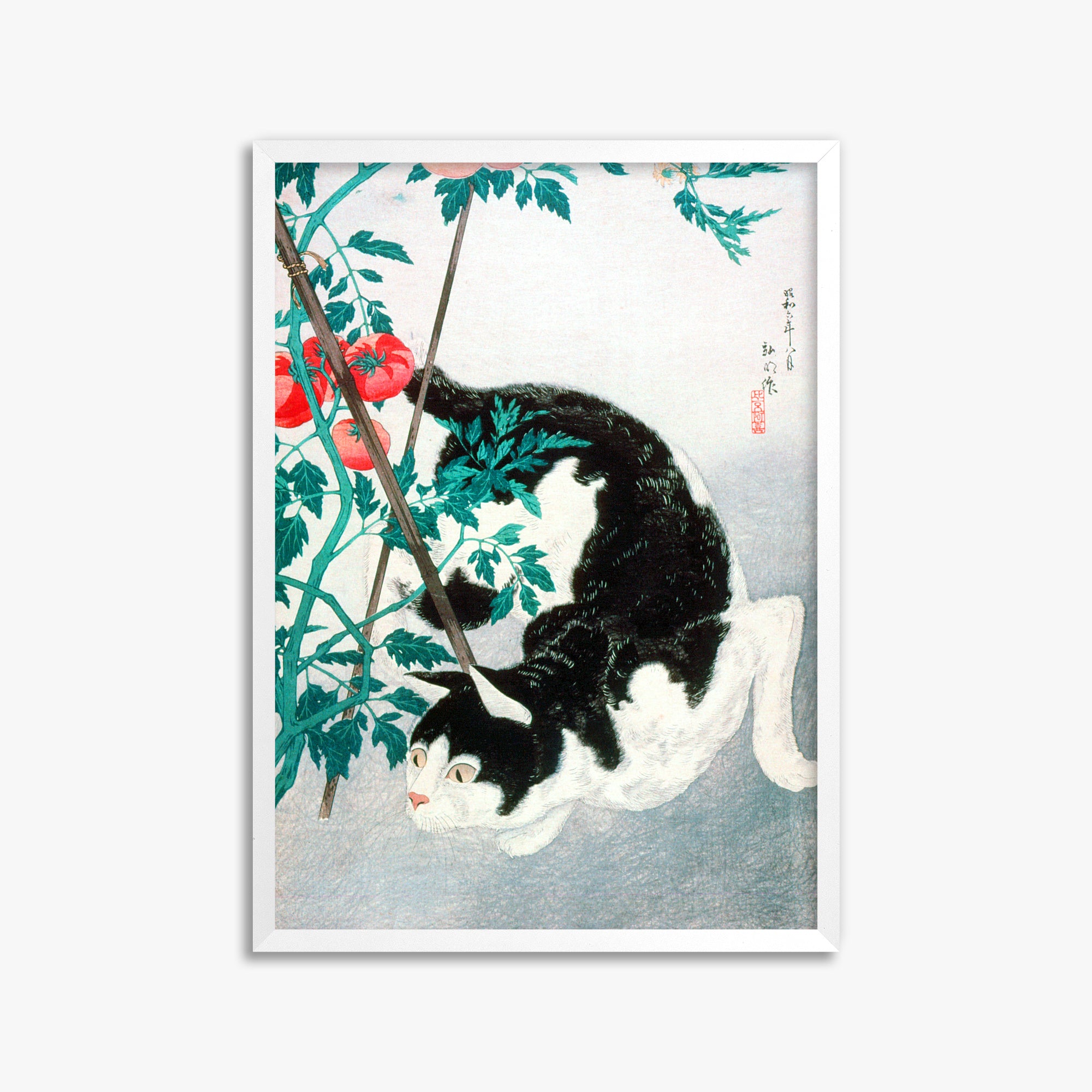Takahashi Hiroaki (Shōtei): Cat with Tomato Plant, 50x70cm Framed Art Reproduction With White Frame