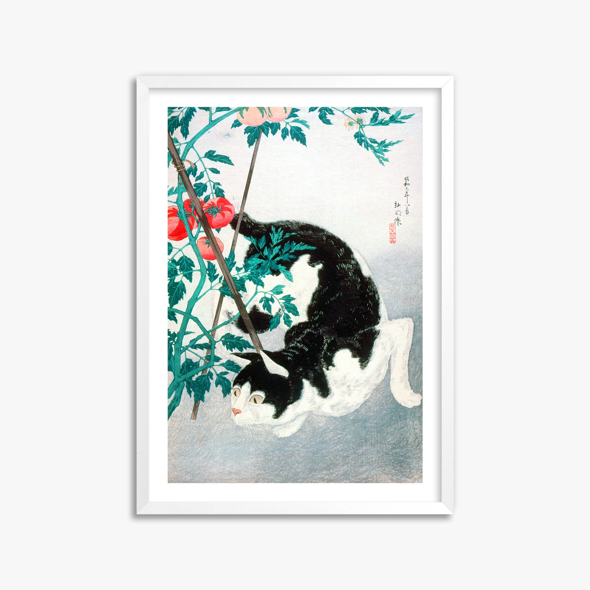 Takahashi Hiroaki (Shōtei): Cat with Tomato Plant, 50x70cm Framed Art Reproduction With White Frame