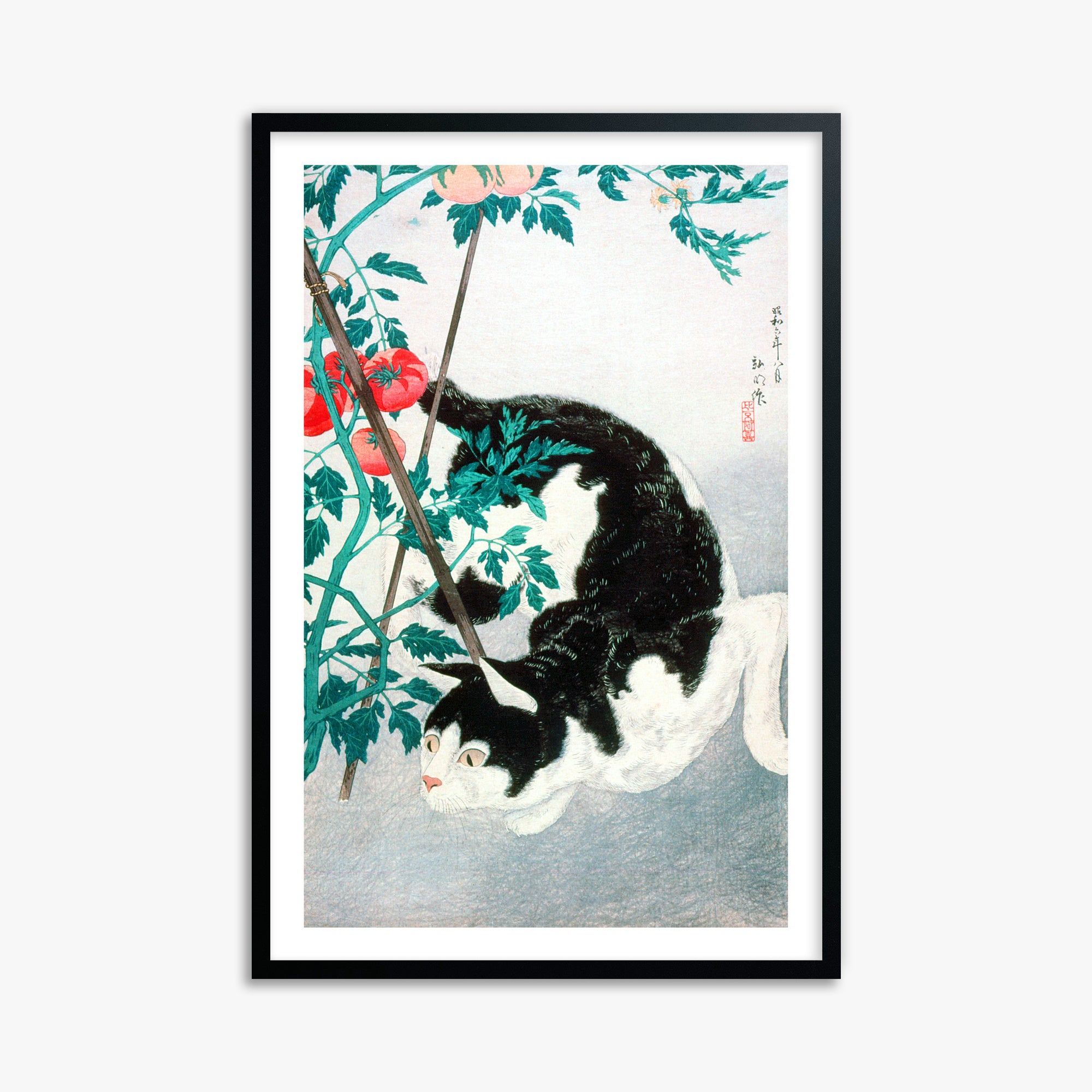 Takahashi Hiroaki (Shōtei): Cat with Tomato Plant, 61x91cm Framed Art Reproduction With Black Frame