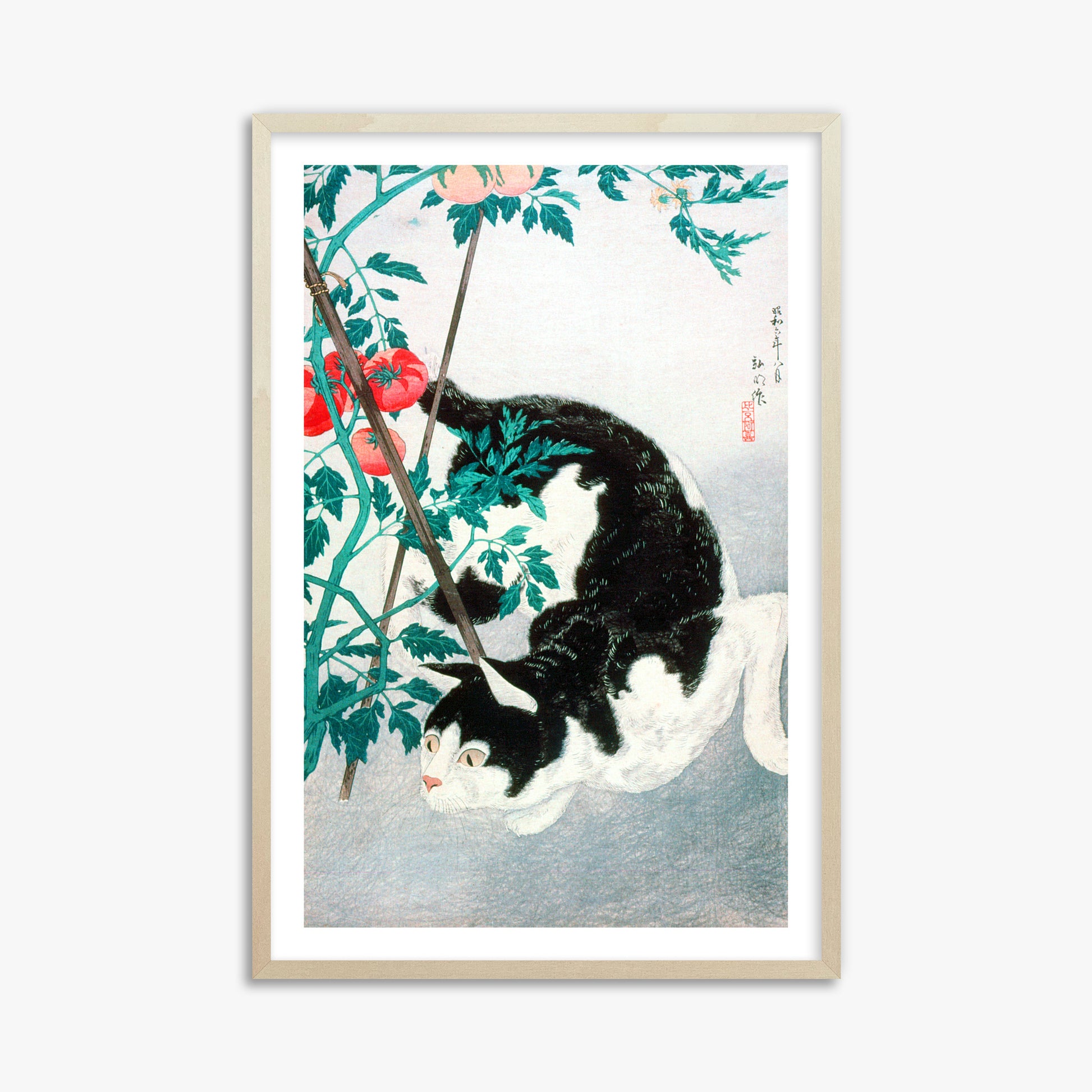 Takahashi Hiroaki (Shōtei): Cat with Tomato Plant, 61x91cm Framed Art Reproduction With Lime Wood Frame