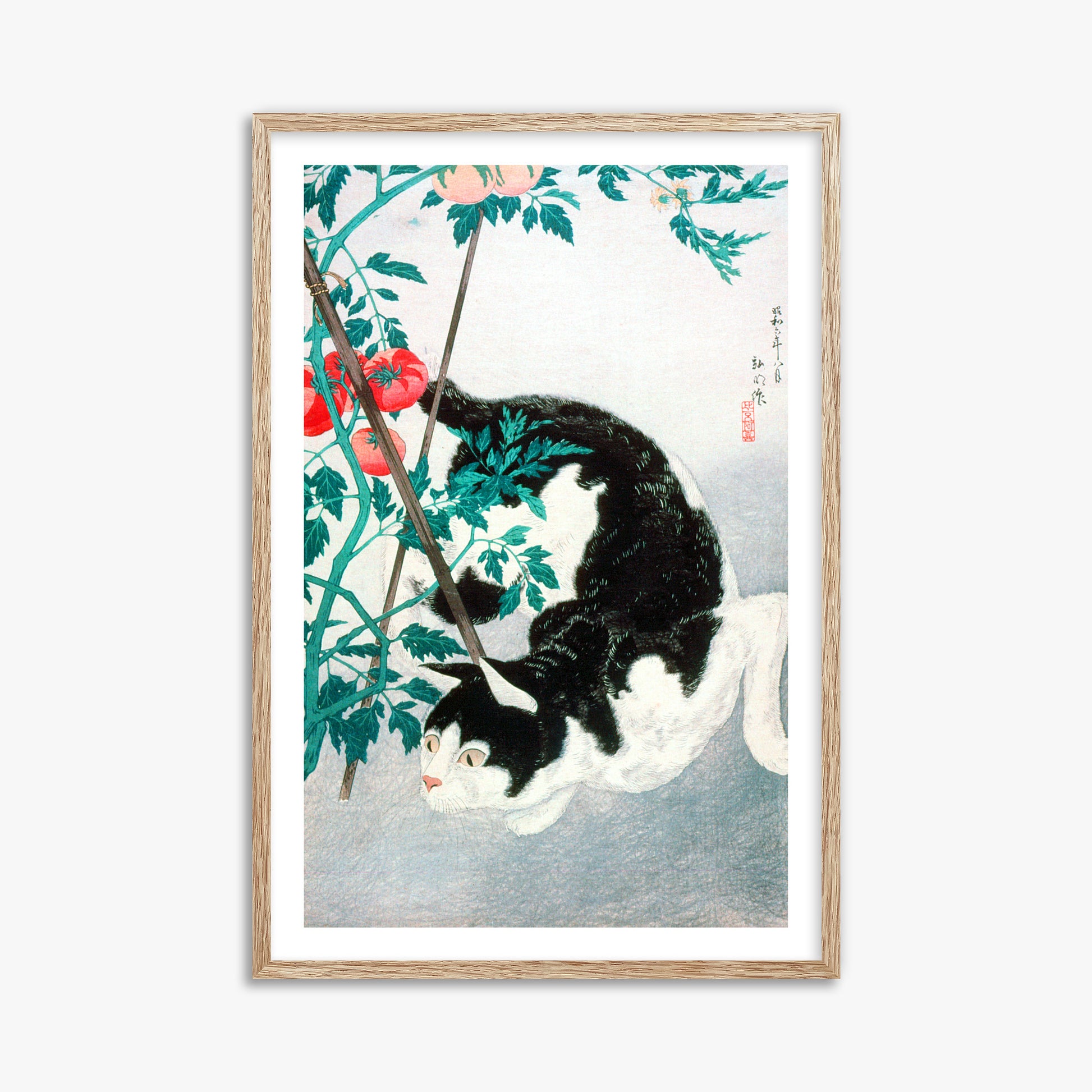 Takahashi Hiroaki (Shōtei): Cat with Tomato Plant, 61x91cm Framed Art Reproduction With Raw Oak Frame