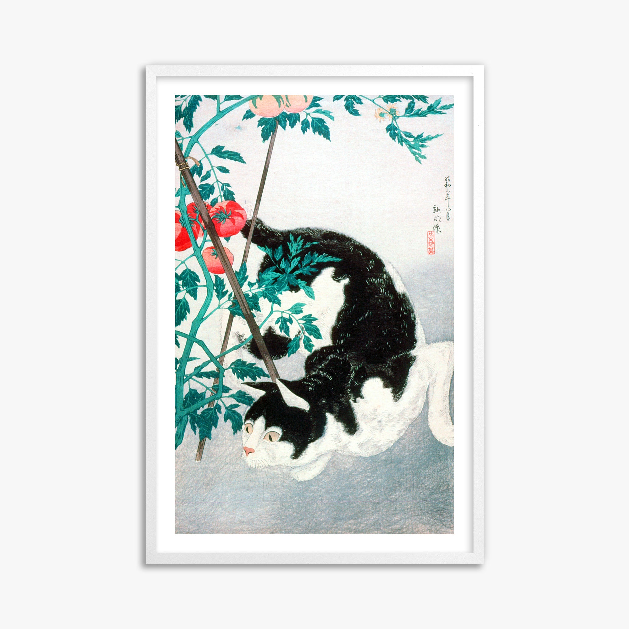 Takahashi Hiroaki (Shōtei): Cat with Tomato Plant, 61x91cm Framed Art Reproduction With White Frame