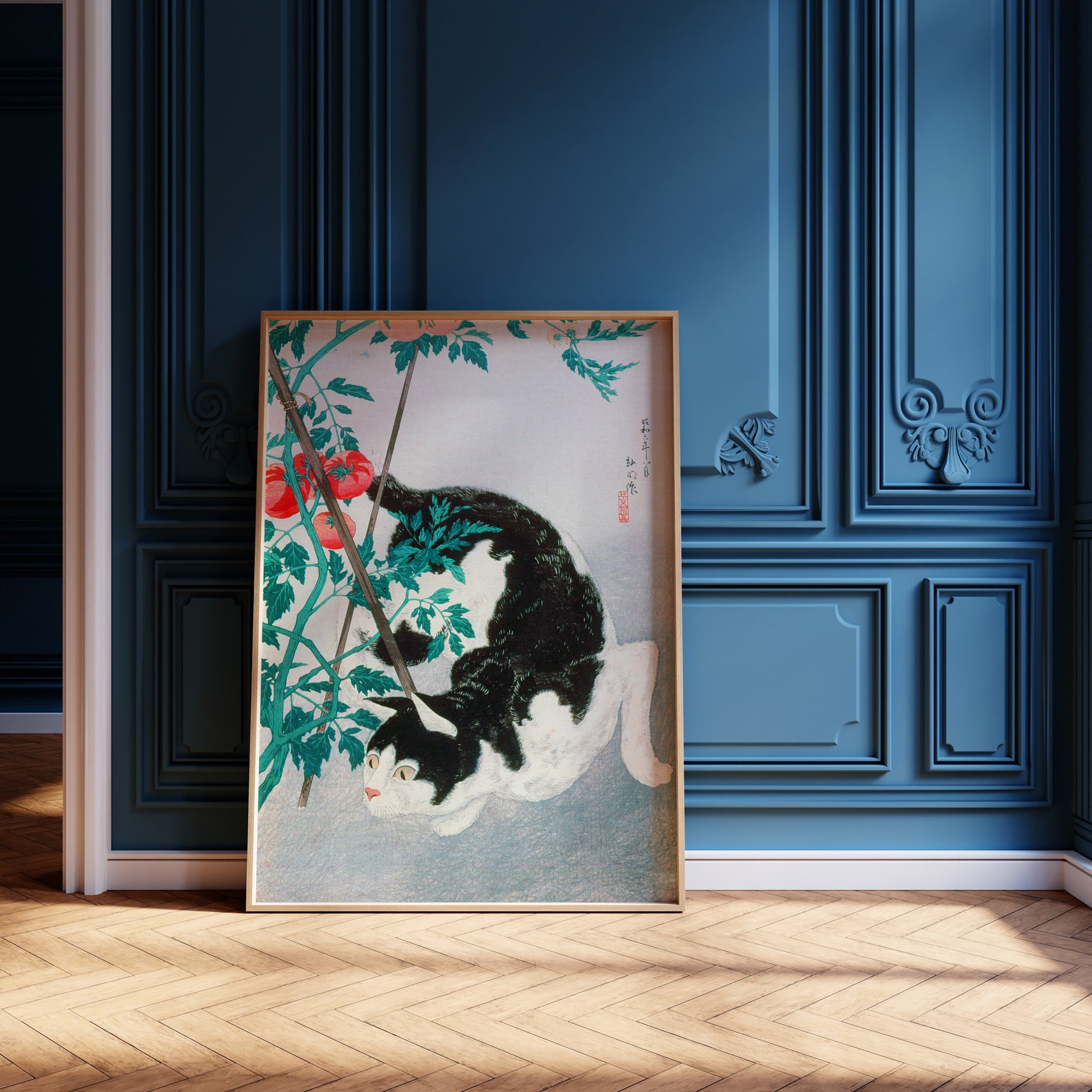 Design Concept No. 12 for Takahashi Hiroaki (Shōtei): Cat with Tomato Plant Japanese Wall Art