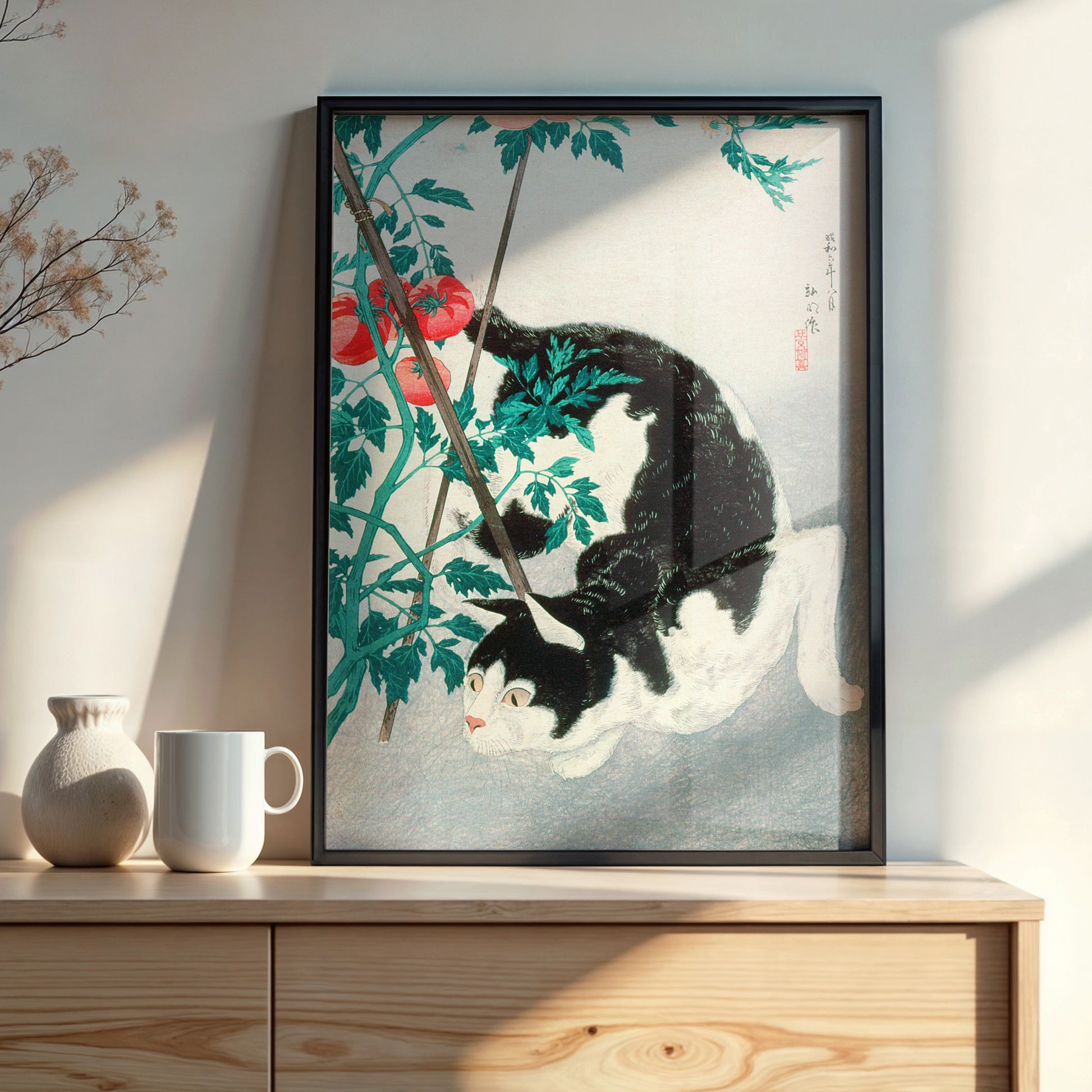 Design Concept No. 22 for Takahashi Hiroaki (Shōtei): Cat with Tomato Plant Japanese Wall Art