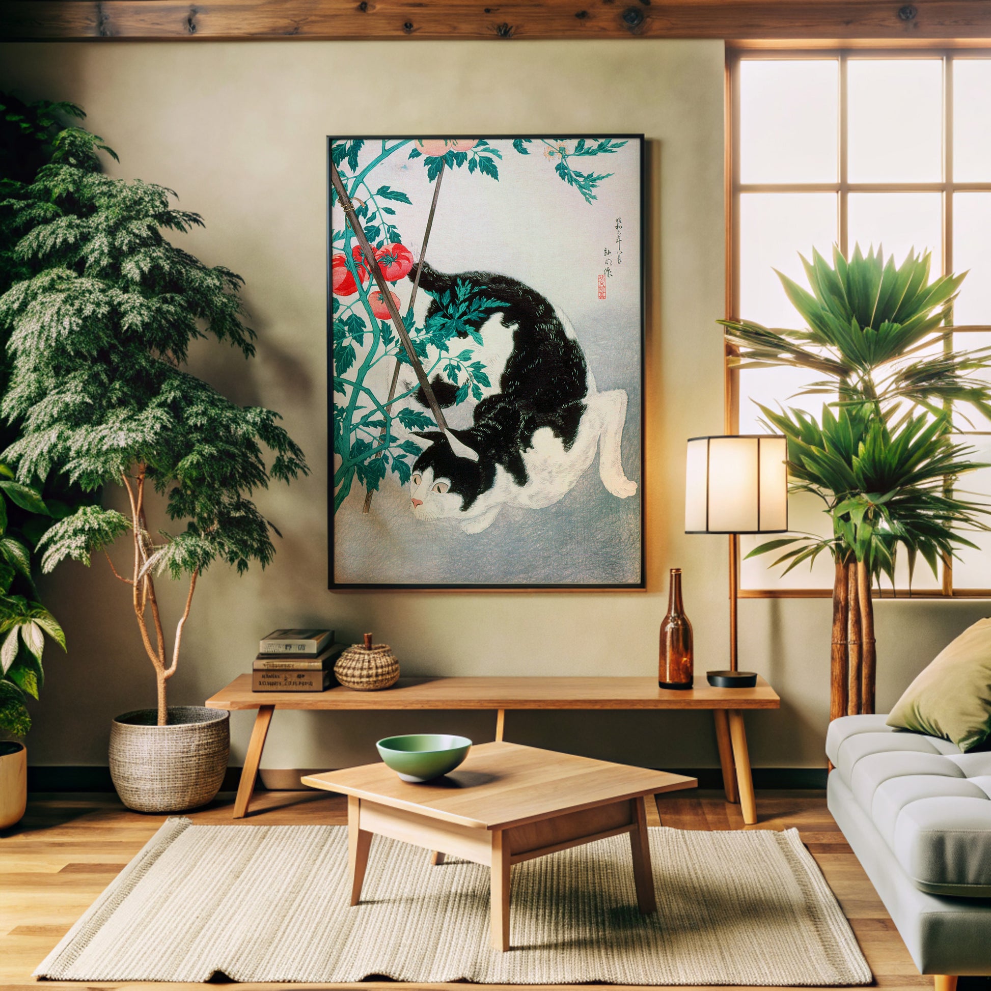 Design Concept No. 32 for Takahashi Hiroaki (Shōtei): Cat with Tomato Plant Japanese Wall Art