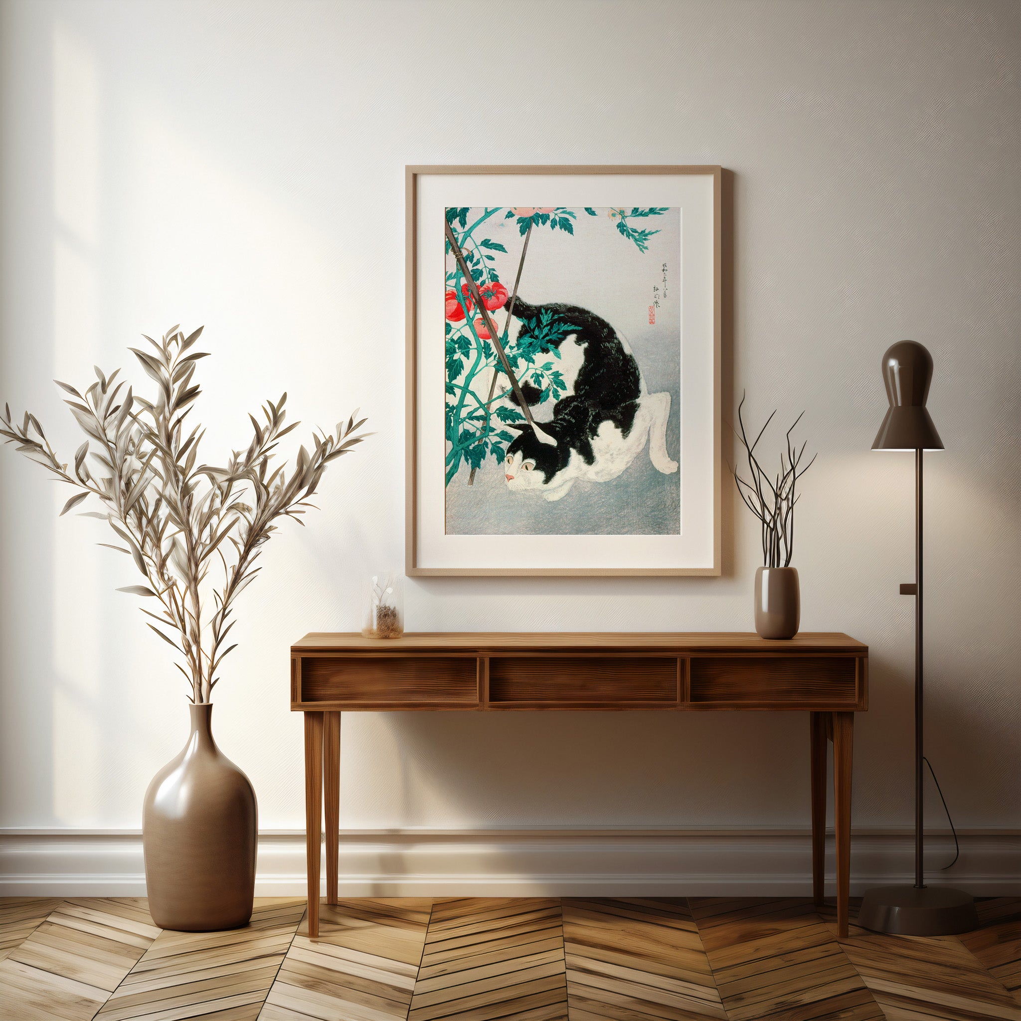 Design Concept No. 37 for Takahashi Hiroaki (Shōtei): Cat with Tomato Plant Japanese Wall Art