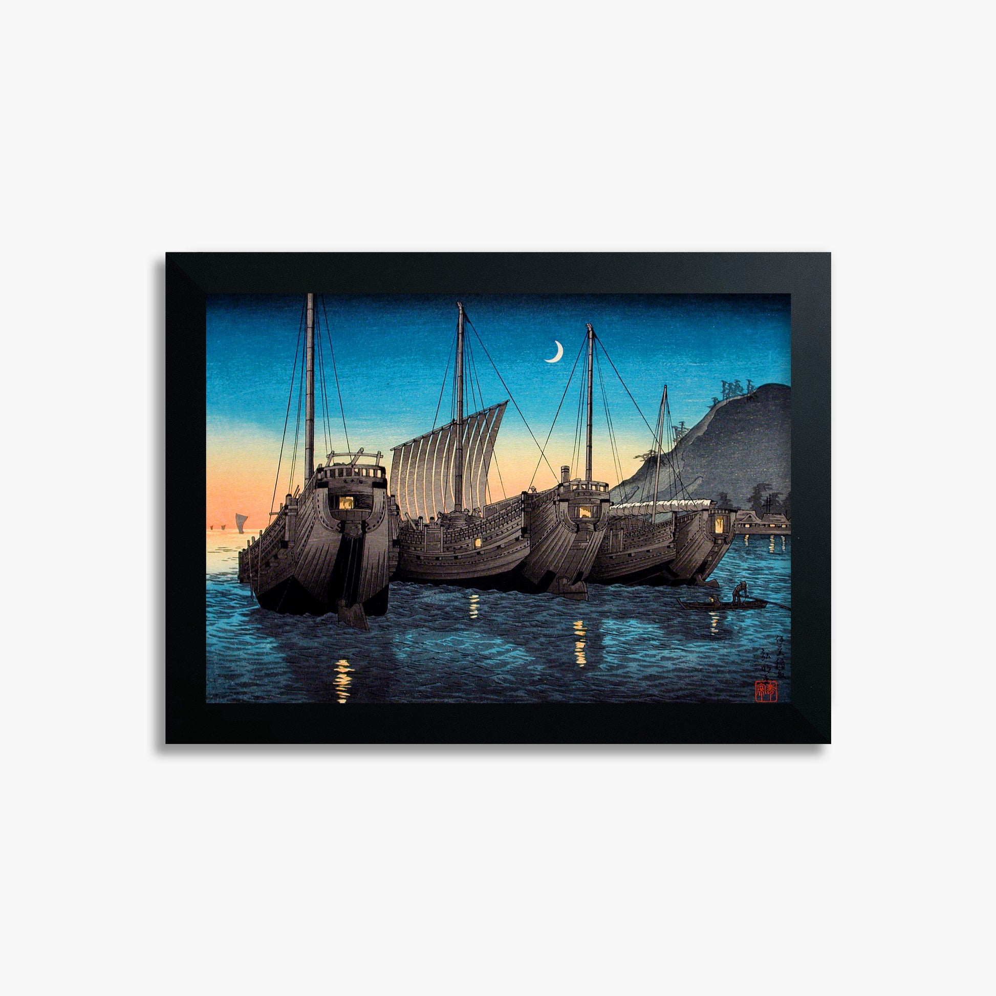 Takahashi Hiroaki (Shōtei): Junks in Inatori Bay, Izu, 21x30cm Framed Art Reproduction With Black Frame