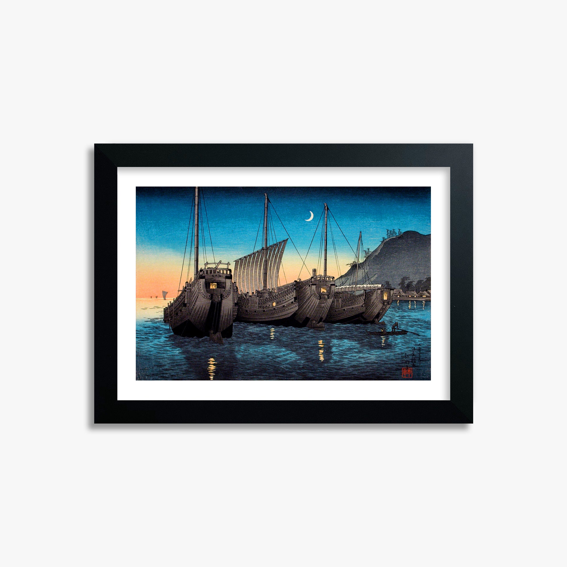 Takahashi Hiroaki (Shōtei): Junks in Inatori Bay, Izu, 21x30cm Framed Art Reproduction With Black Frame