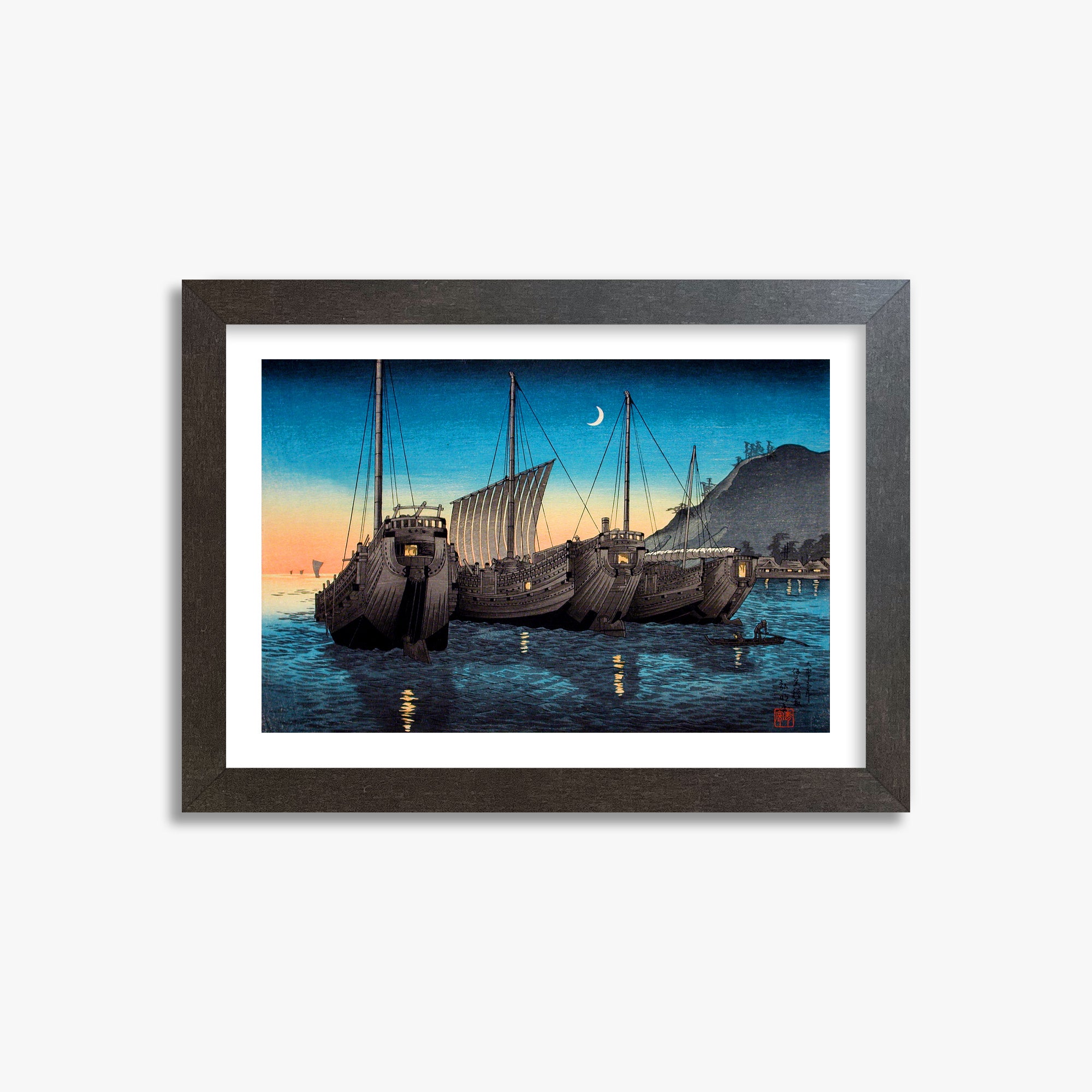Takahashi Hiroaki (Shōtei): Junks in Inatori Bay, Izu, 21x30cm Framed Art Reproduction With Espresso Frame