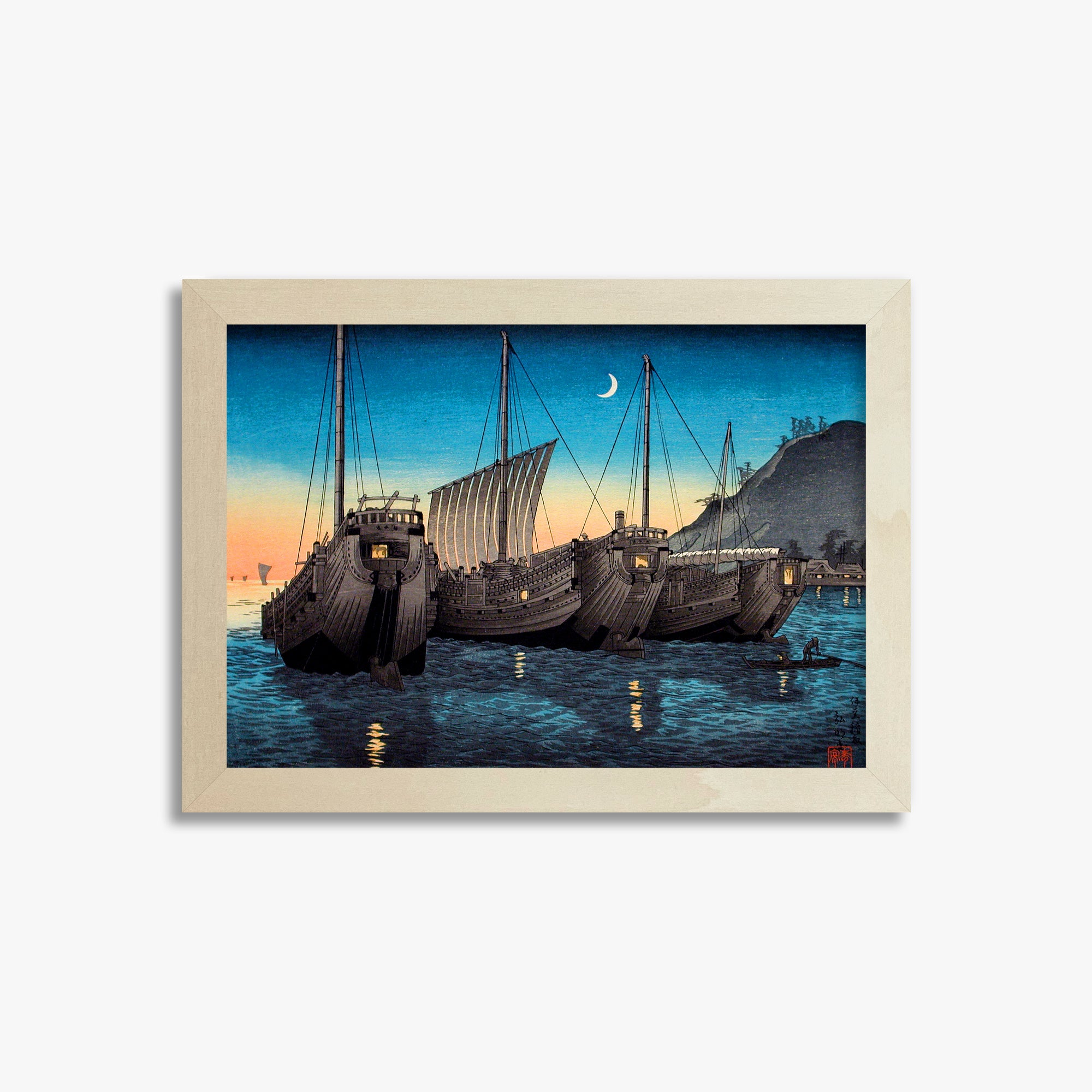 Takahashi Hiroaki (Shōtei): Junks in Inatori Bay, Izu, 21x30cm Framed Art Reproduction With Lime Wood Frame