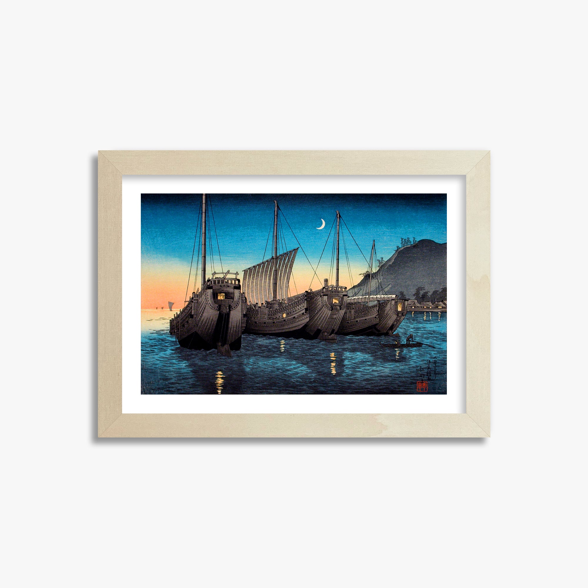 Takahashi Hiroaki (Shōtei): Junks in Inatori Bay, Izu, 21x30cm Framed Art Reproduction With Lime Wood Frame