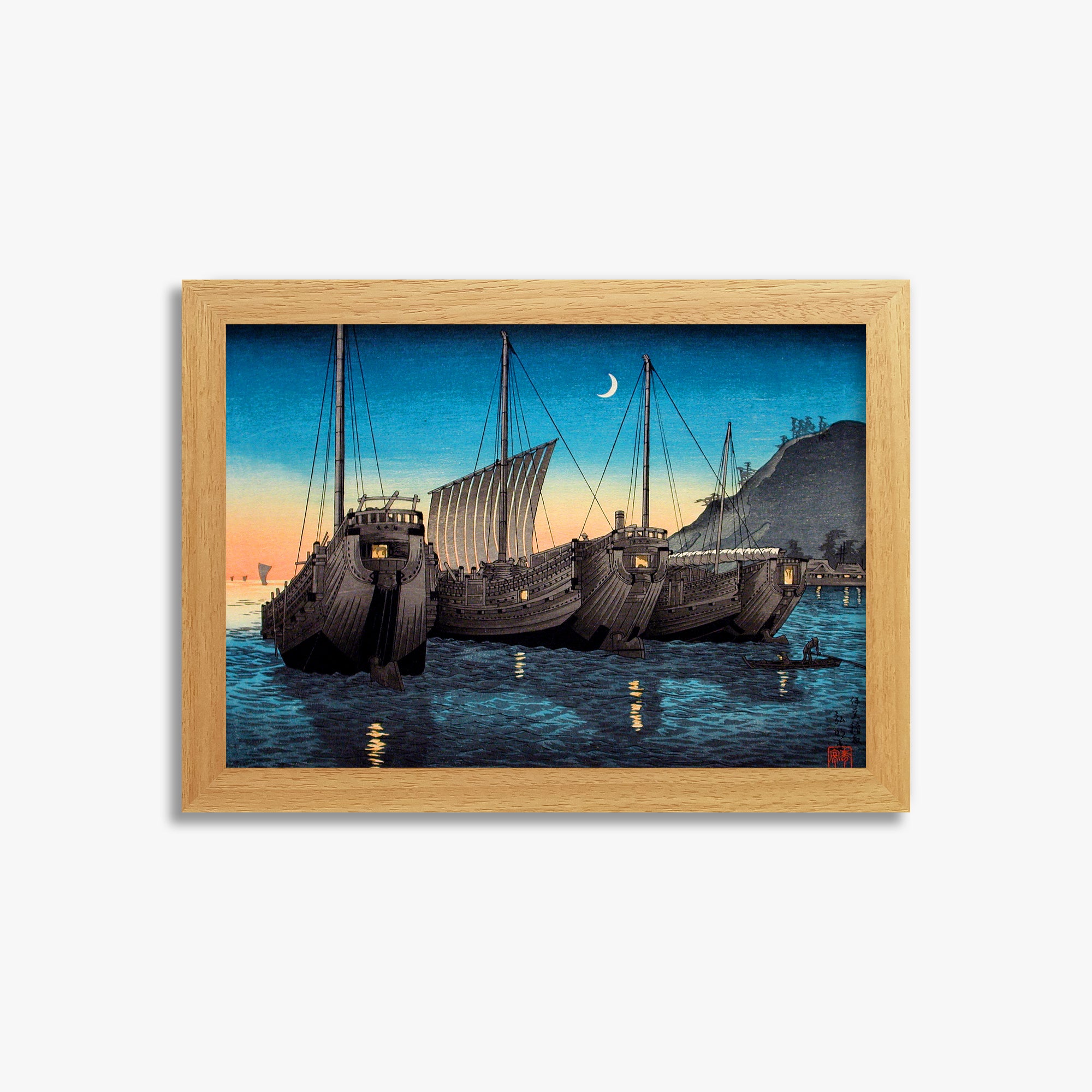 Takahashi Hiroaki (Shōtei): Junks in Inatori Bay, Izu, 21x30cm Framed Art Reproduction With Oak Frame