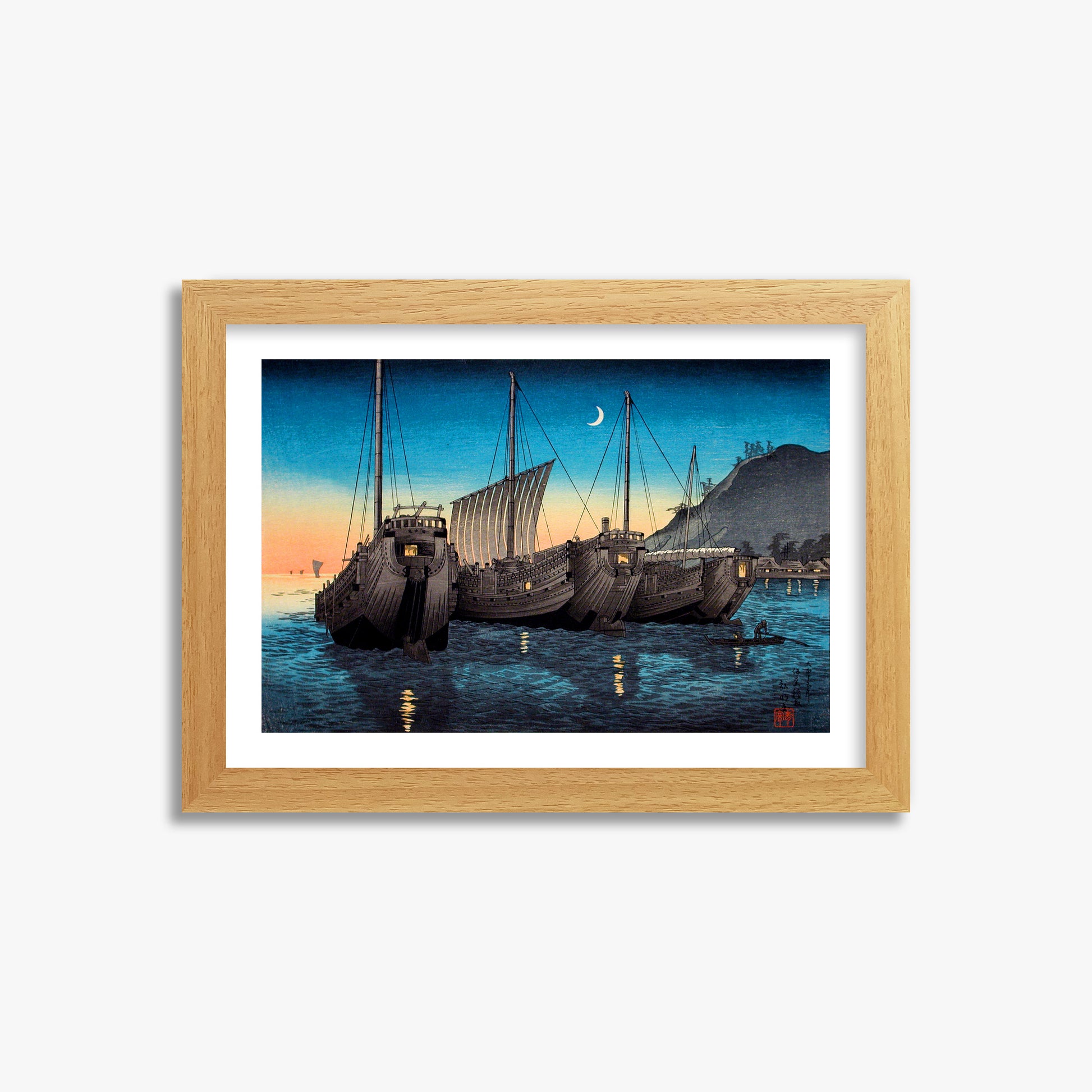Takahashi Hiroaki (Shōtei): Junks in Inatori Bay, Izu, 21x30cm Framed Art Reproduction With Oak Frame