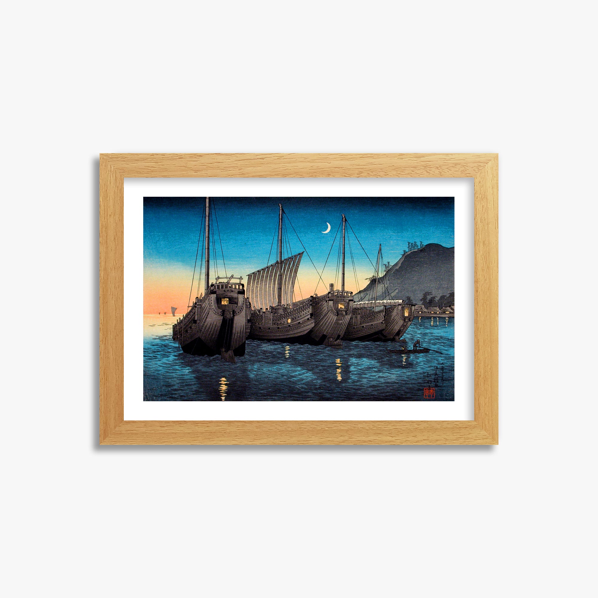 Takahashi Hiroaki (Shōtei): Junks in Inatori Bay, Izu, 21x30cm Framed Art Reproduction With Oak Frame