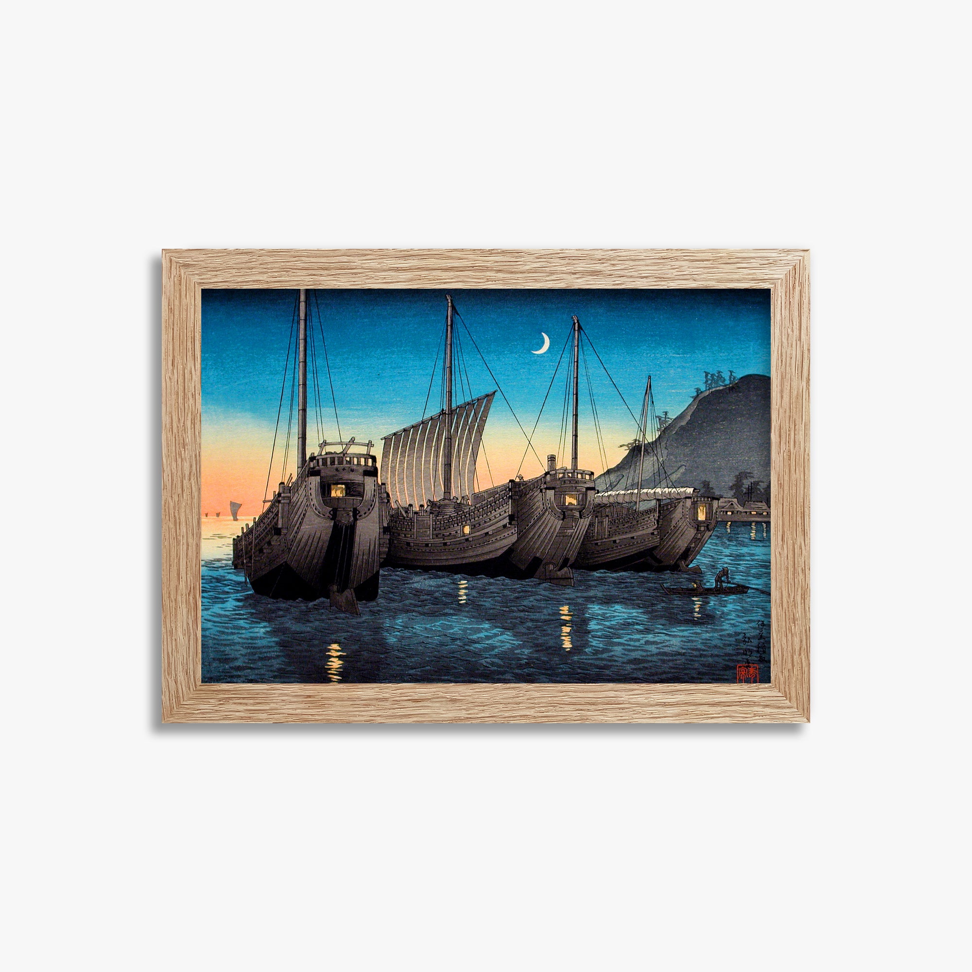 Takahashi Hiroaki (Shōtei): Junks in Inatori Bay, Izu, 21x30cm Framed Art Reproduction With Raw Oak Frame