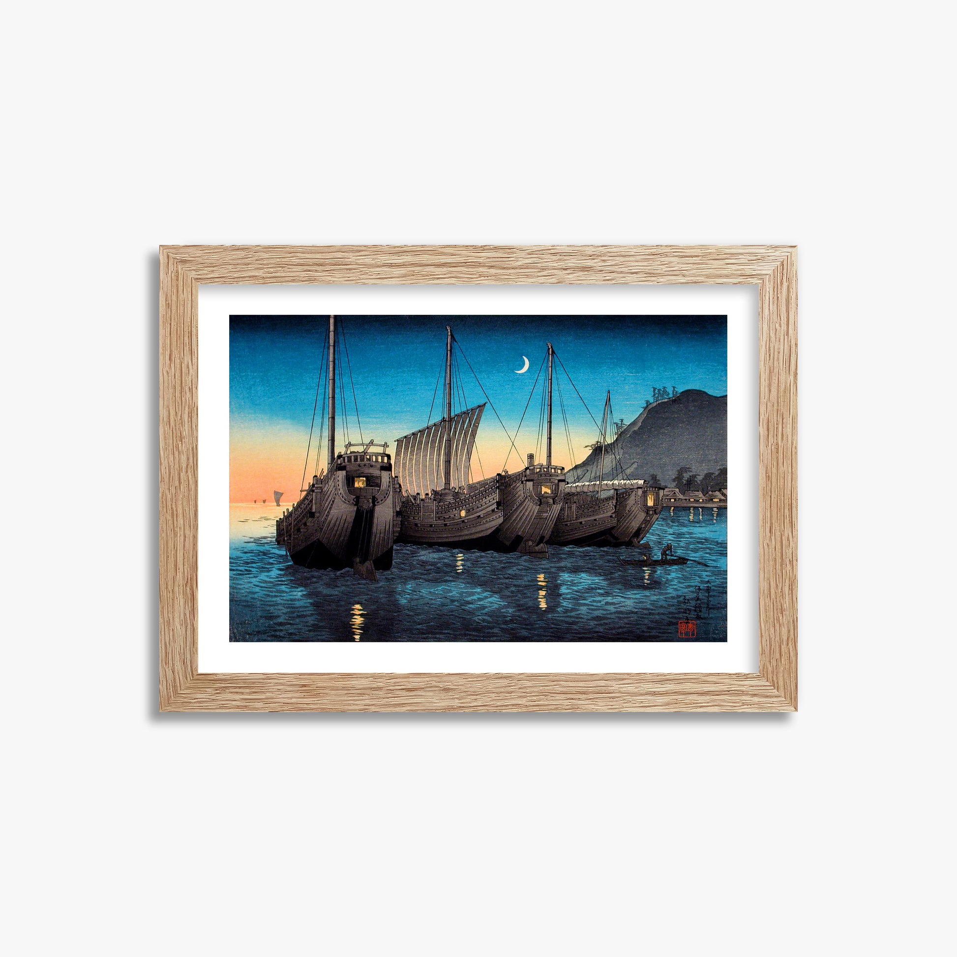 Takahashi Hiroaki (Shōtei): Junks in Inatori Bay, Izu, 21x30cm Framed Art Reproduction With Raw Oak Frame