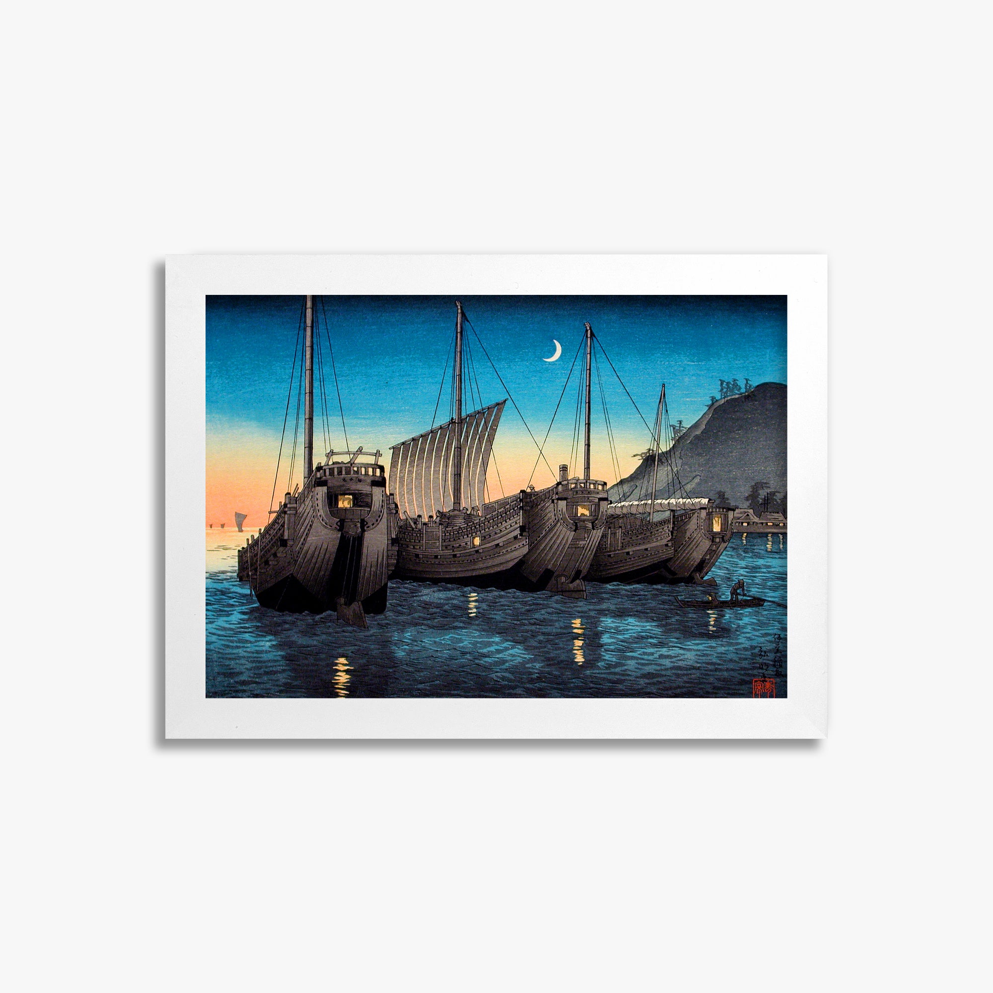 Takahashi Hiroaki (Shōtei): Junks in Inatori Bay, Izu, 21x30cm Framed Art Reproduction With White Frame