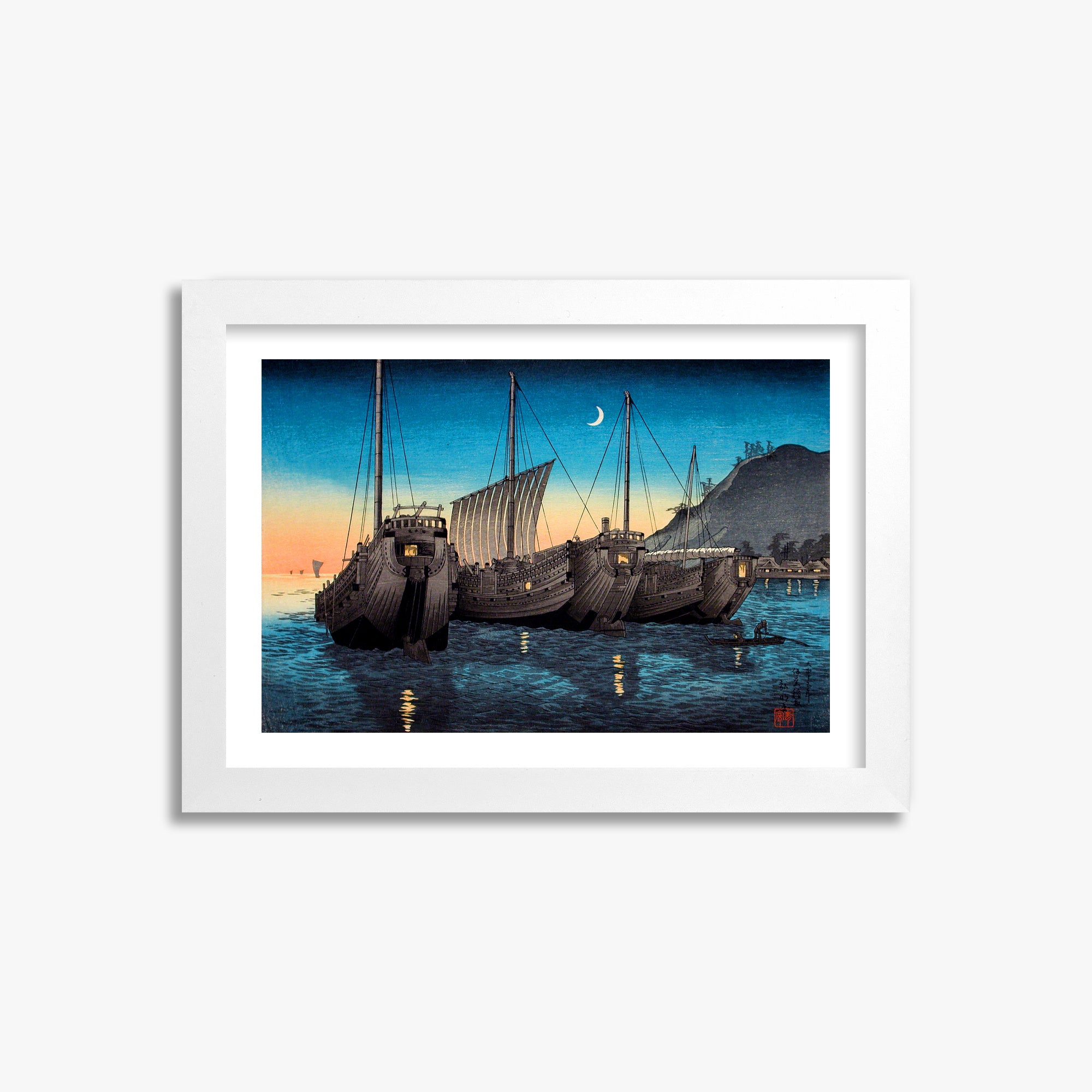 Takahashi Hiroaki (Shōtei): Junks in Inatori Bay, Izu, 21x30cm Framed Art Reproduction With White Frame