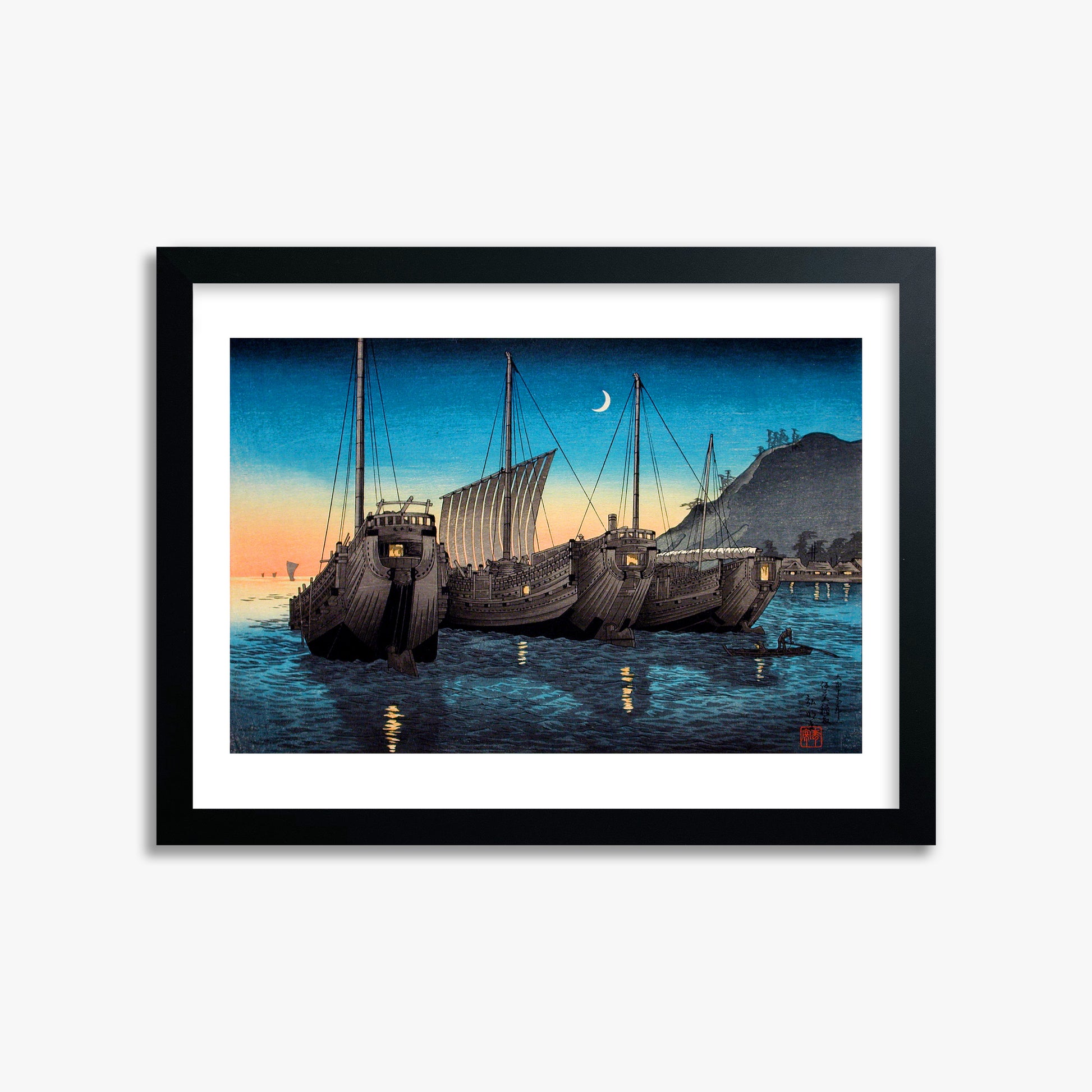 Takahashi Hiroaki (Shōtei): Junks in Inatori Bay, Izu, 30x40cm Framed Art Reproduction With Black Frame