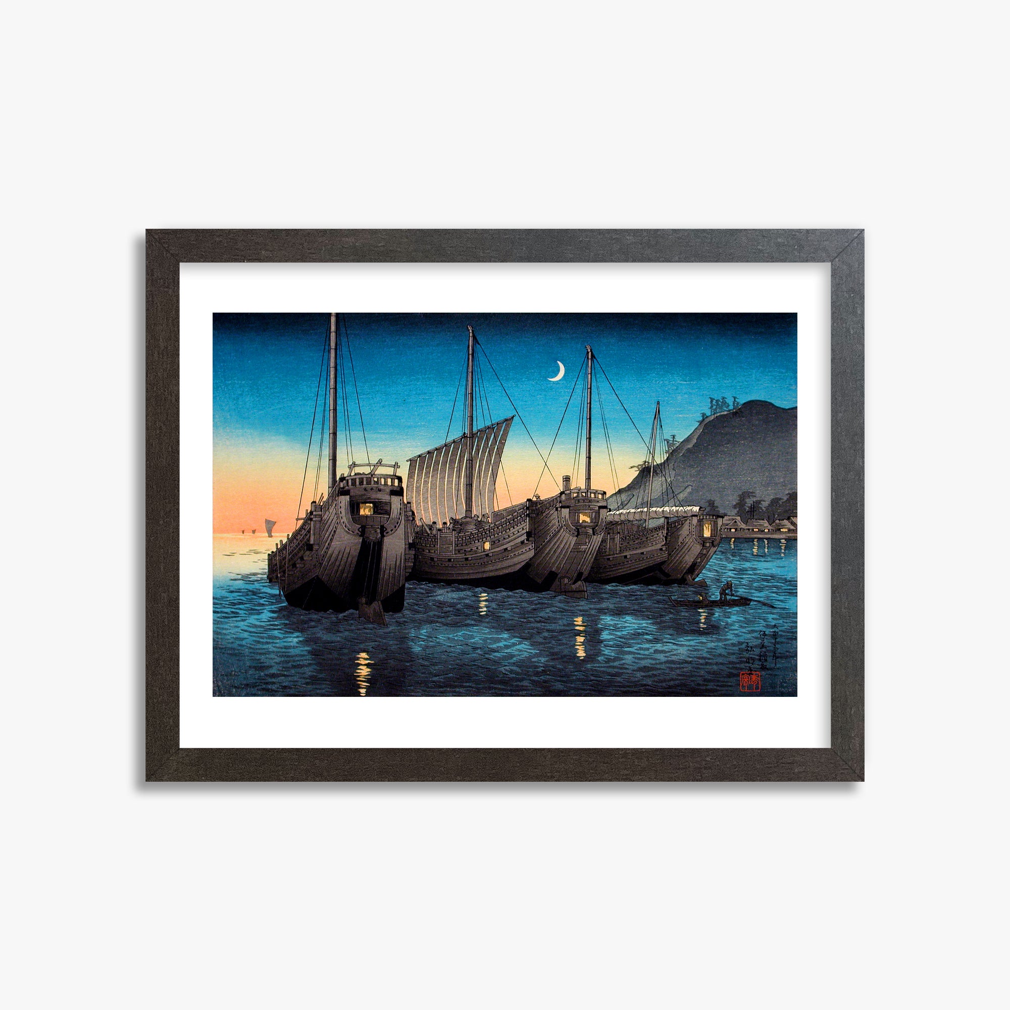 Takahashi Hiroaki (Shōtei): Junks in Inatori Bay, Izu, 30x40cm Framed Art Reproduction With Espresso Frame