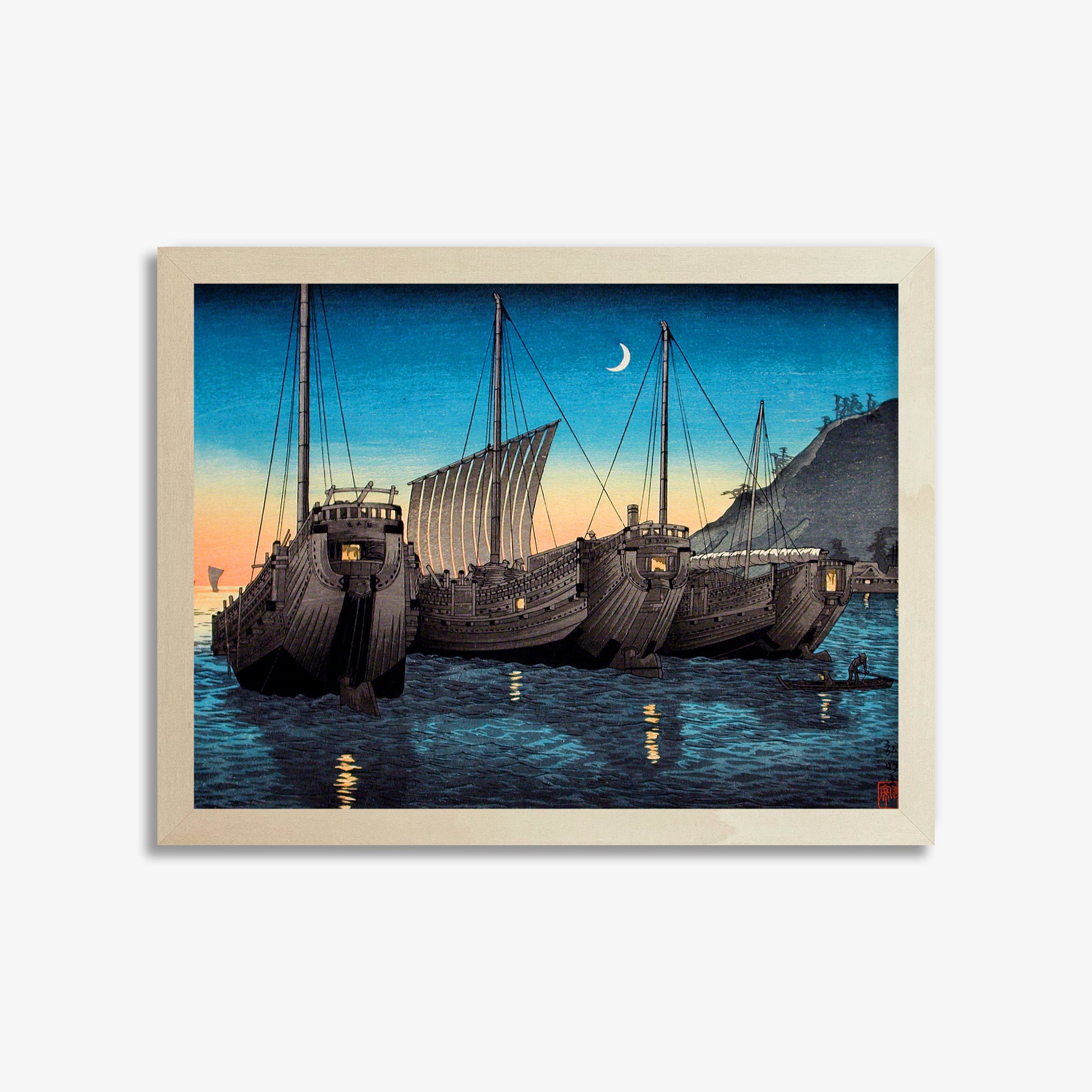 Takahashi Hiroaki (Shōtei): Junks in Inatori Bay, Izu, 30x40cm Framed Art Reproduction With Lime Wood Frame