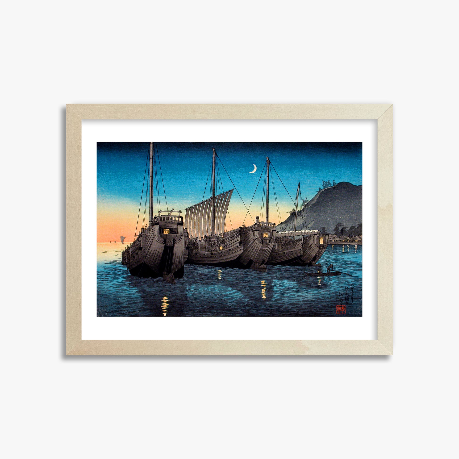Takahashi Hiroaki (Shōtei): Junks in Inatori Bay, Izu, 30x40cm Framed Art Reproduction With Lime Wood Frame