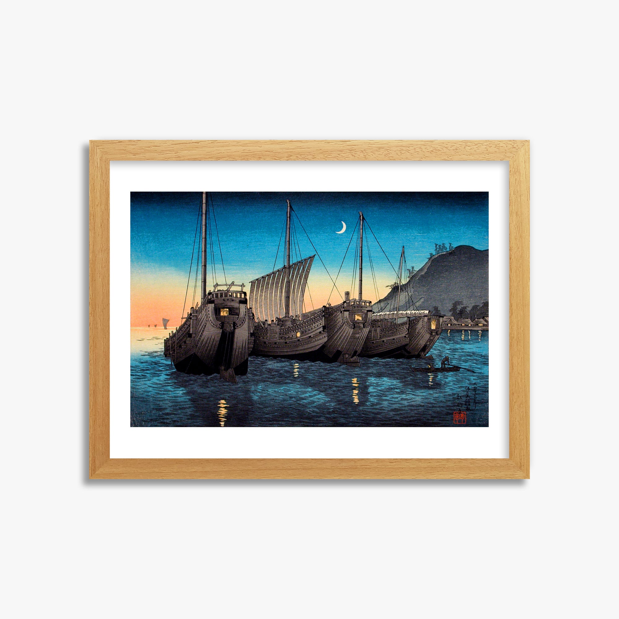 Takahashi Hiroaki (Shōtei): Junks in Inatori Bay, Izu, 30x40cm Framed Art Reproduction With Oak Frame