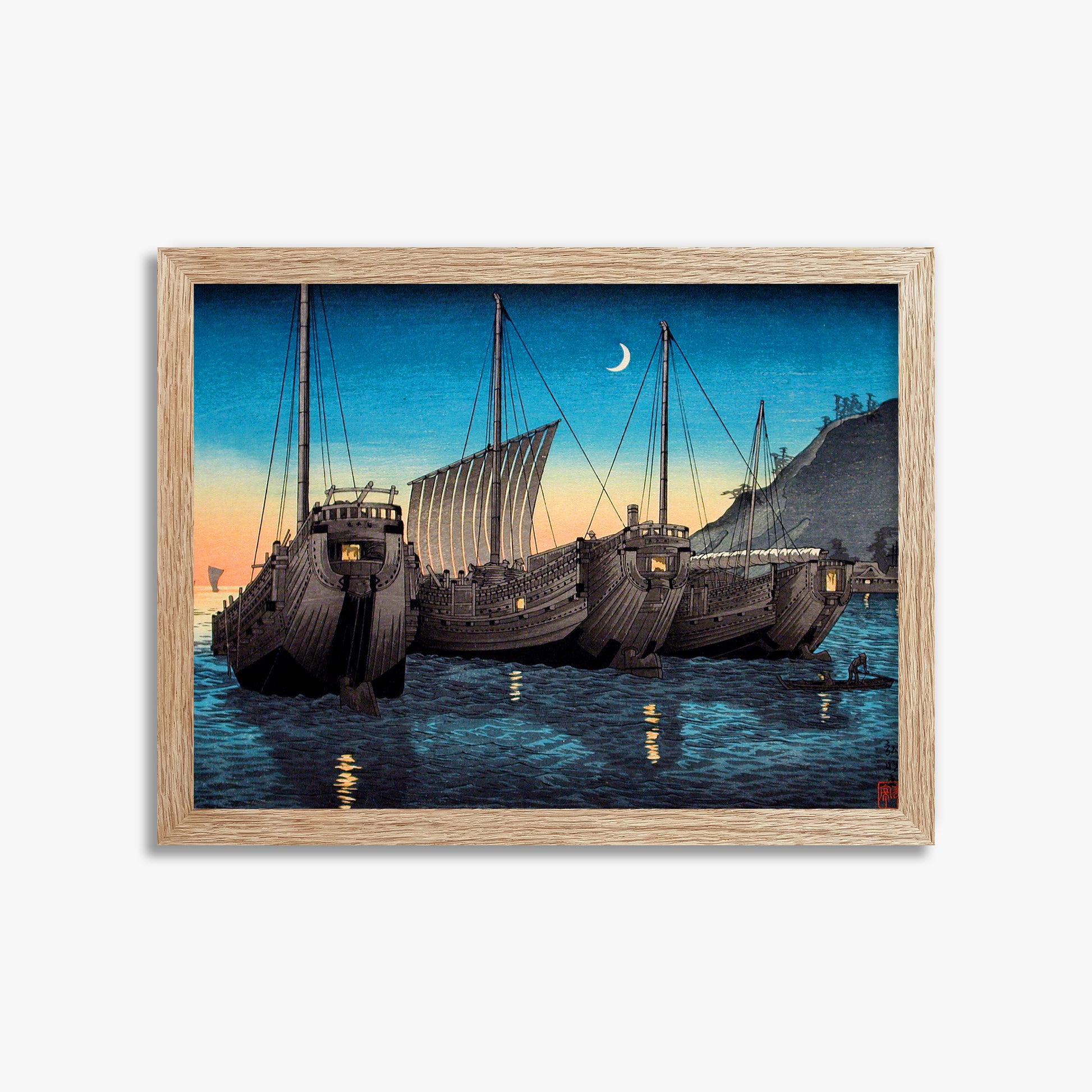 Takahashi Hiroaki (Shōtei): Junks in Inatori Bay, Izu, 30x40cm Framed Art Reproduction With Raw Oak Frame
