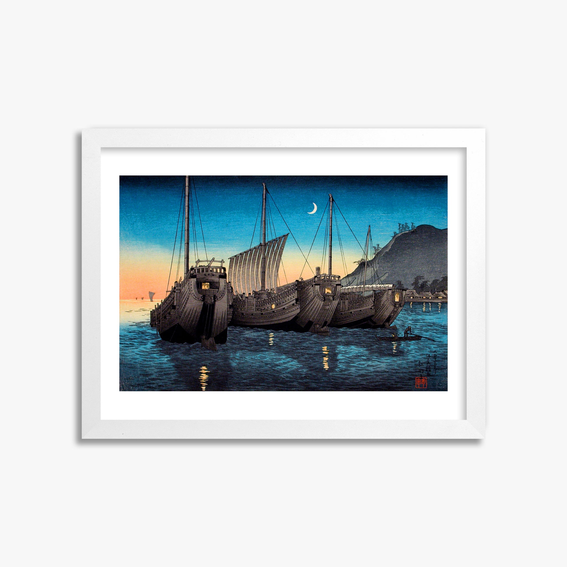 Takahashi Hiroaki (Shōtei): Junks in Inatori Bay, Izu, 30x40cm Framed Art Reproduction With White Frame