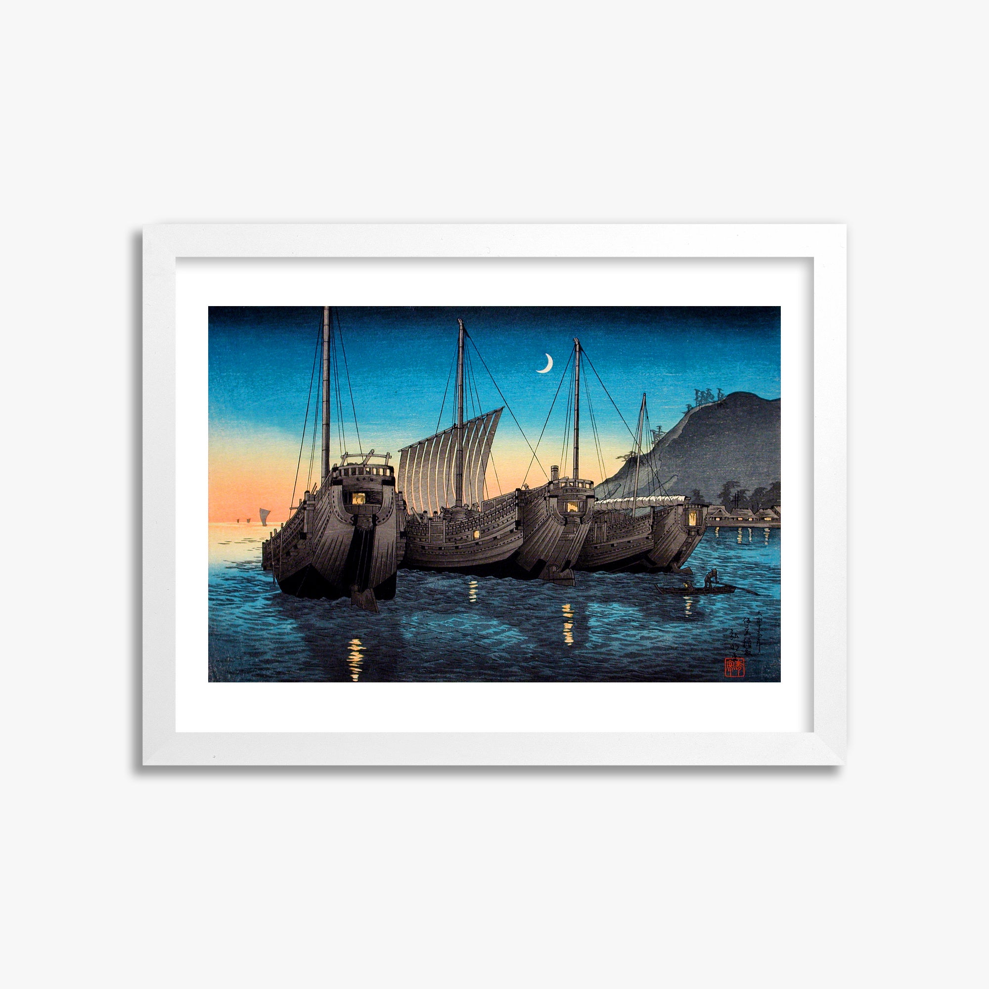 Takahashi Hiroaki (Shōtei): Junks in Inatori Bay, Izu, 30x40cm Framed Art Reproduction With White Frame