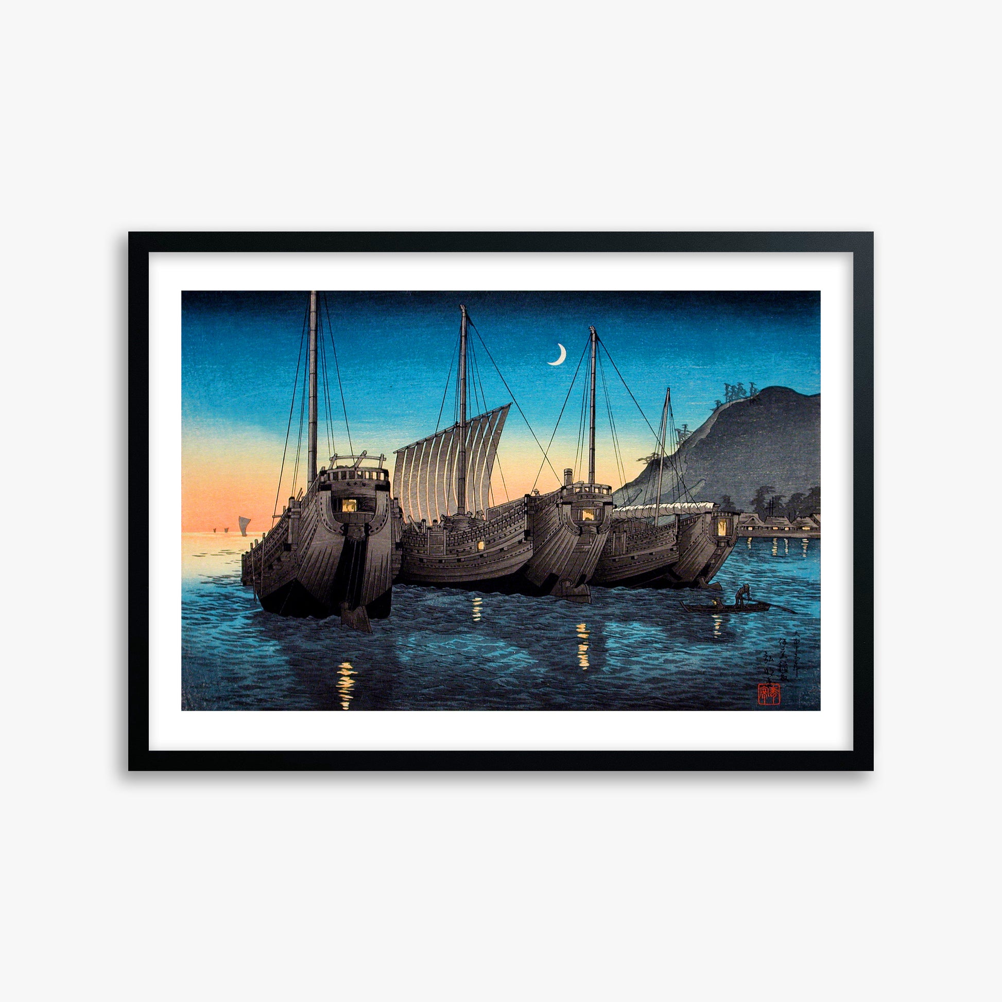 Takahashi Hiroaki (Shōtei): Junks in Inatori Bay, Izu, 50x70cm Framed Art Reproduction With Black Frame