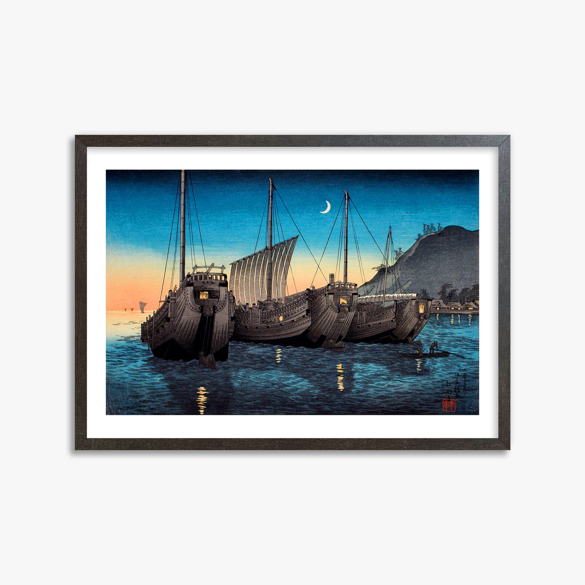 Takahashi Hiroaki (Shōtei): Junks in Inatori Bay, Izu, 50x70cm Framed Art Reproduction With Espresso Frame