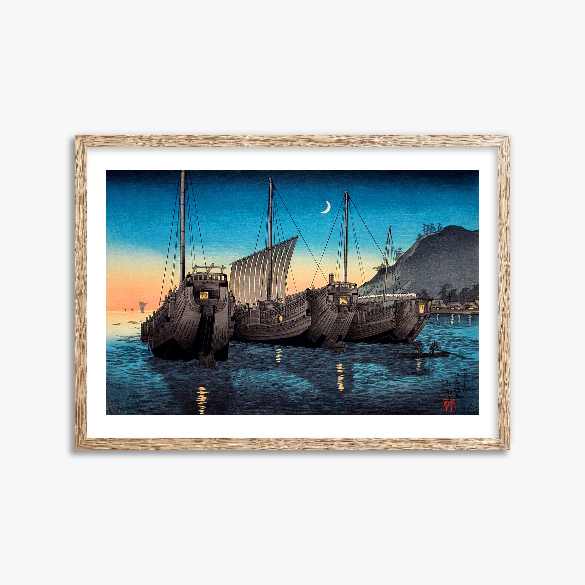 Takahashi Hiroaki (Shōtei): Junks in Inatori Bay, Izu, 50x70cm Framed Art Reproduction With Raw Oak Frame