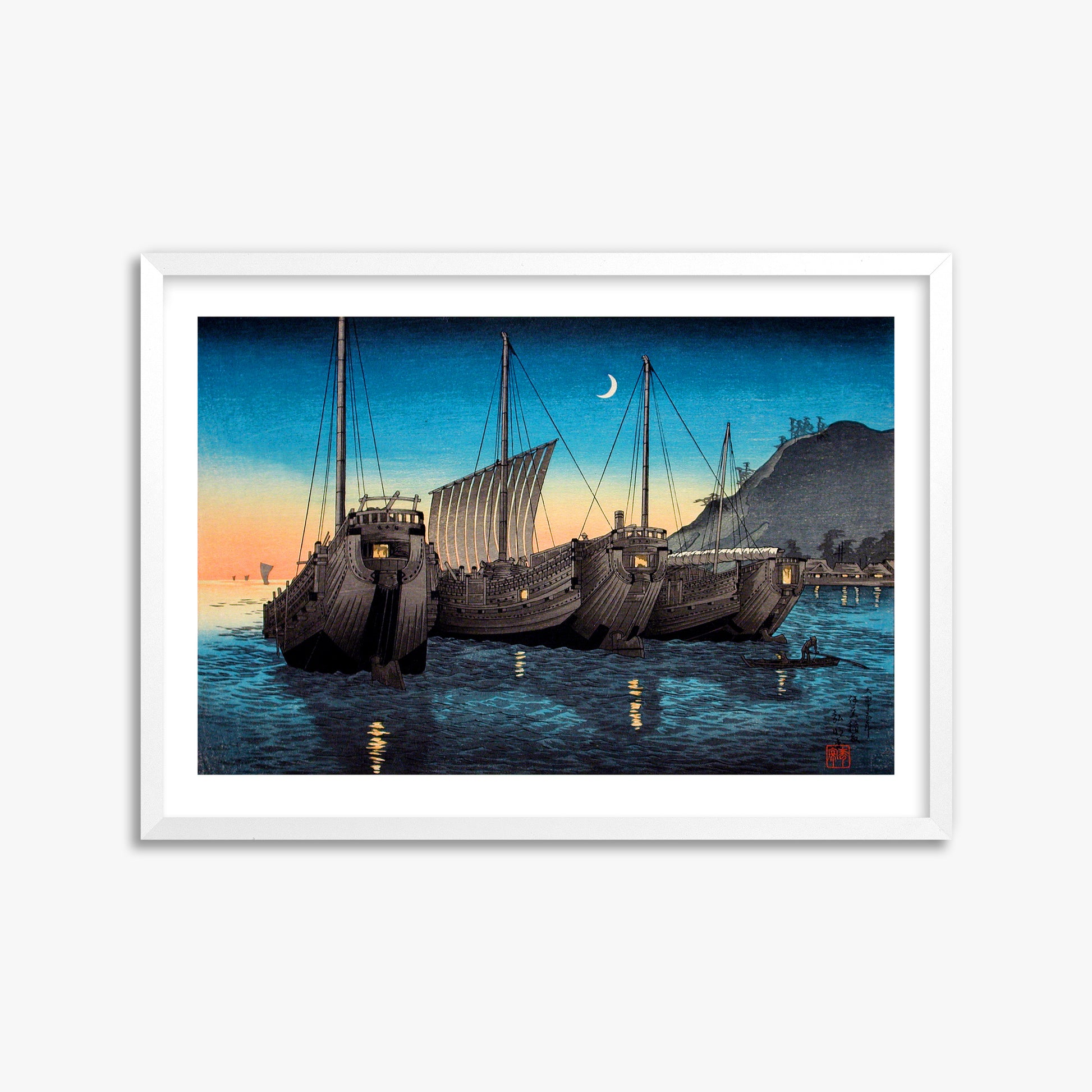 Takahashi Hiroaki (Shōtei): Junks in Inatori Bay, Izu, 50x70cm Framed Art Reproduction With White Frame