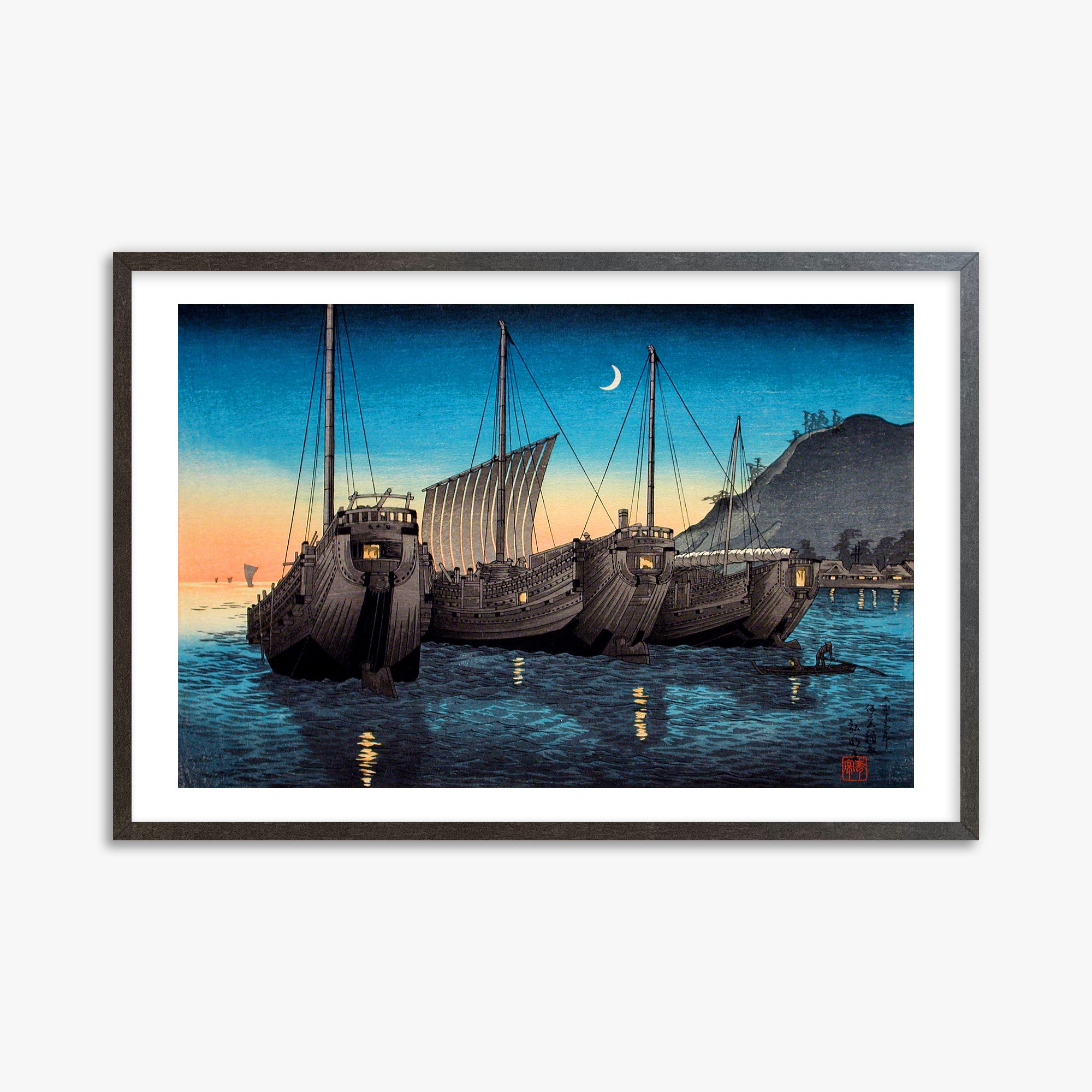 Takahashi Hiroaki (Shōtei): Junks in Inatori Bay, Izu, 61x91cm Framed Art Reproduction With Espresso Frame