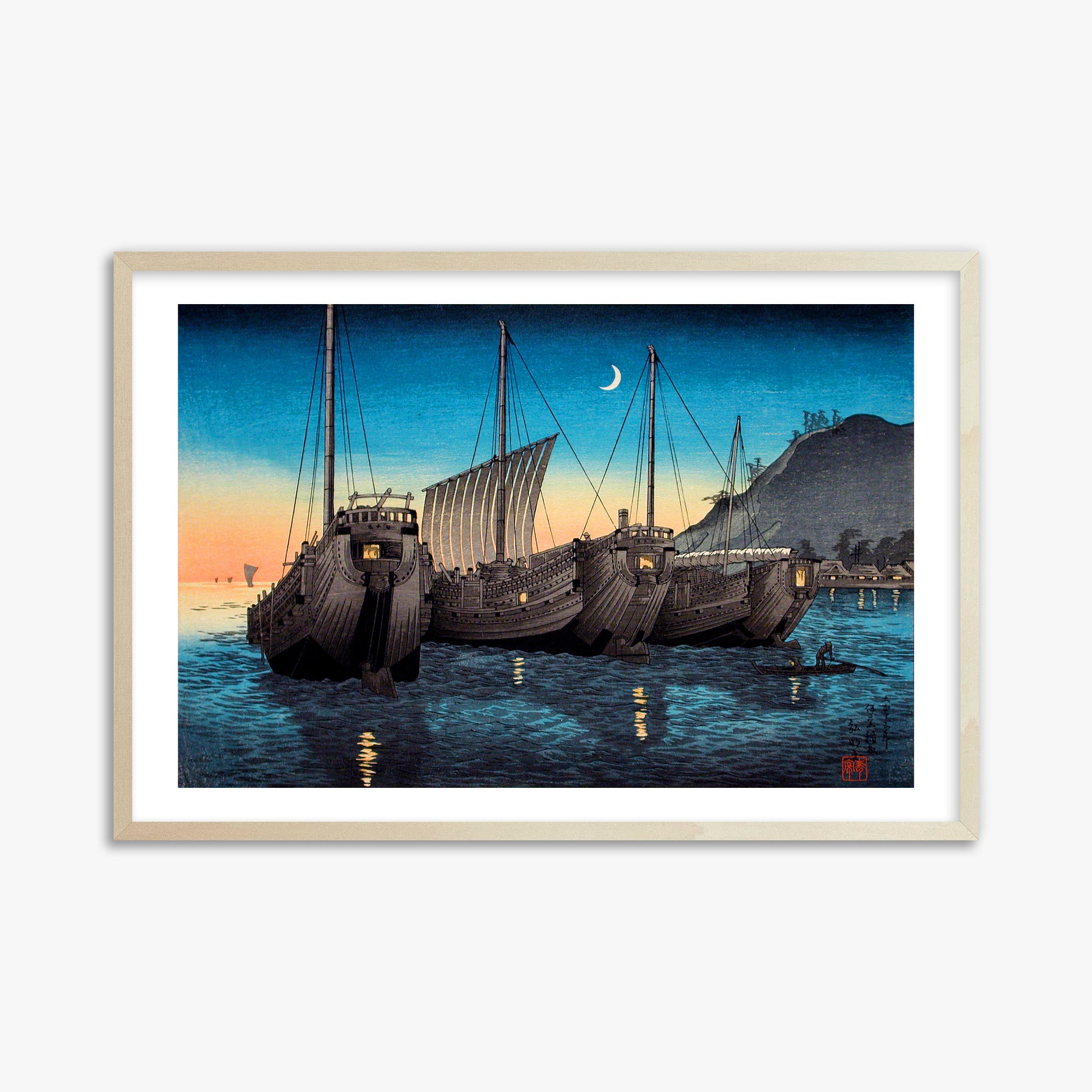 Takahashi Hiroaki (Shōtei): Junks in Inatori Bay, Izu, 61x91cm Framed Art Reproduction With Lime Wood Frame