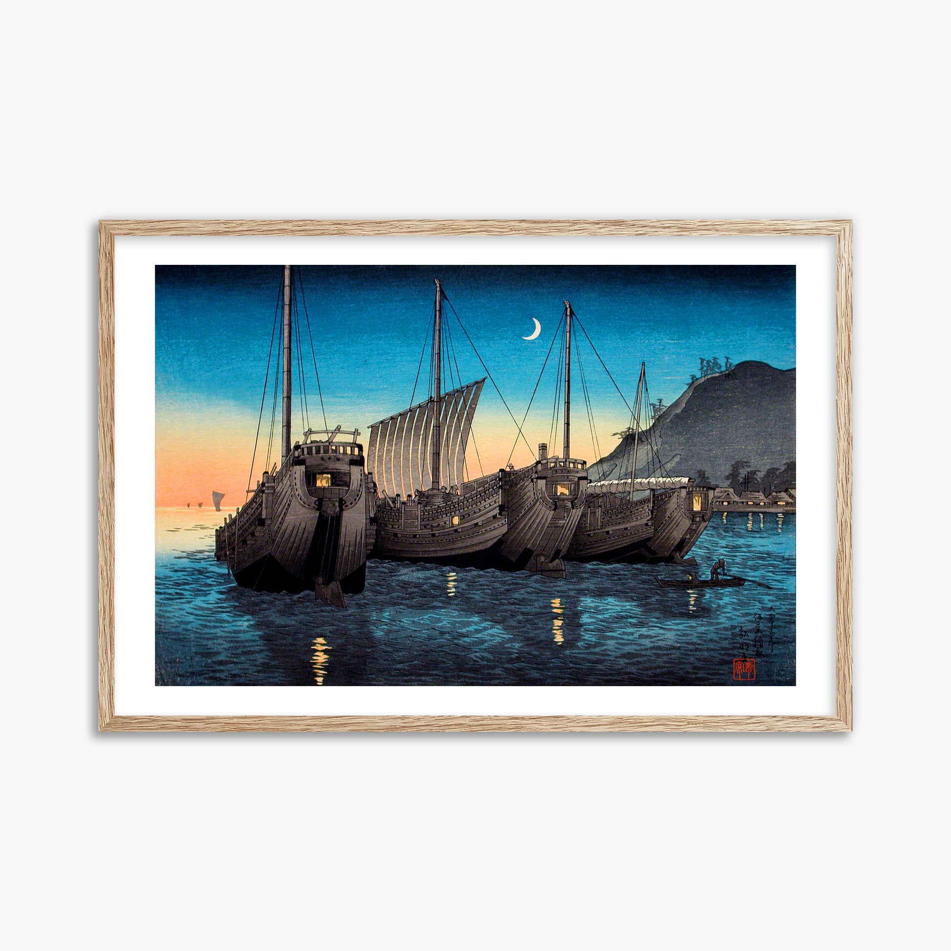 Takahashi Hiroaki (Shōtei): Junks in Inatori Bay, Izu, 61x91cm Framed Art Reproduction With Raw Oak Frame