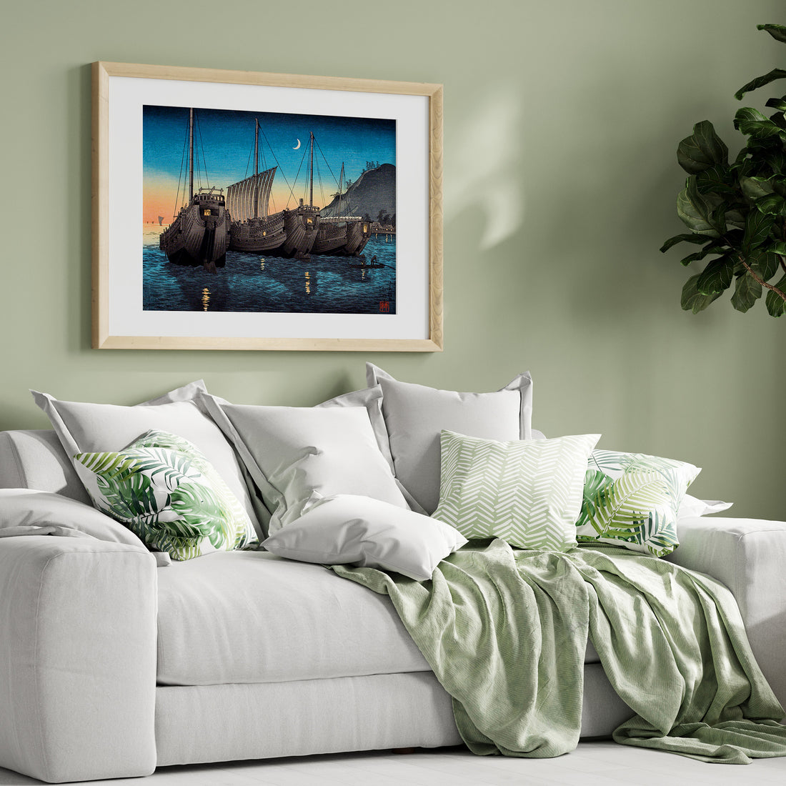 Takahashi Hiroaki (Shōtei): Junks in Inatori Bay, Izu, 50x70cm Framed Art Reproduction With Black Frame