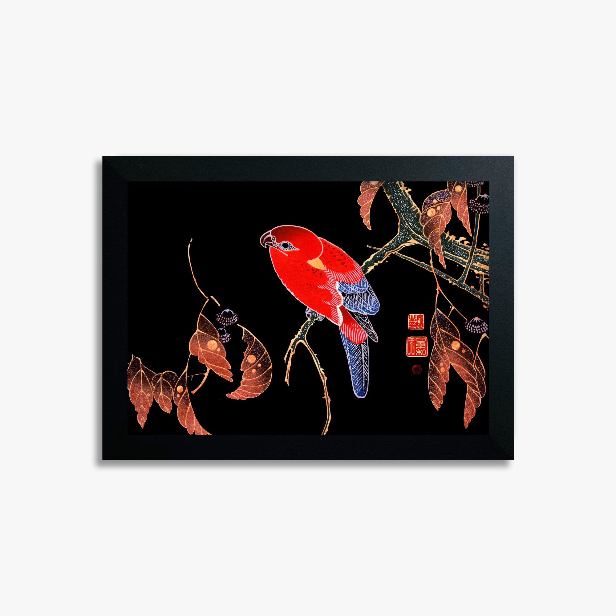 Ito Jakuchu: Red Parrot on the Branch of a Tree, 21x30cm Framed Art Reproduction With Black Frame