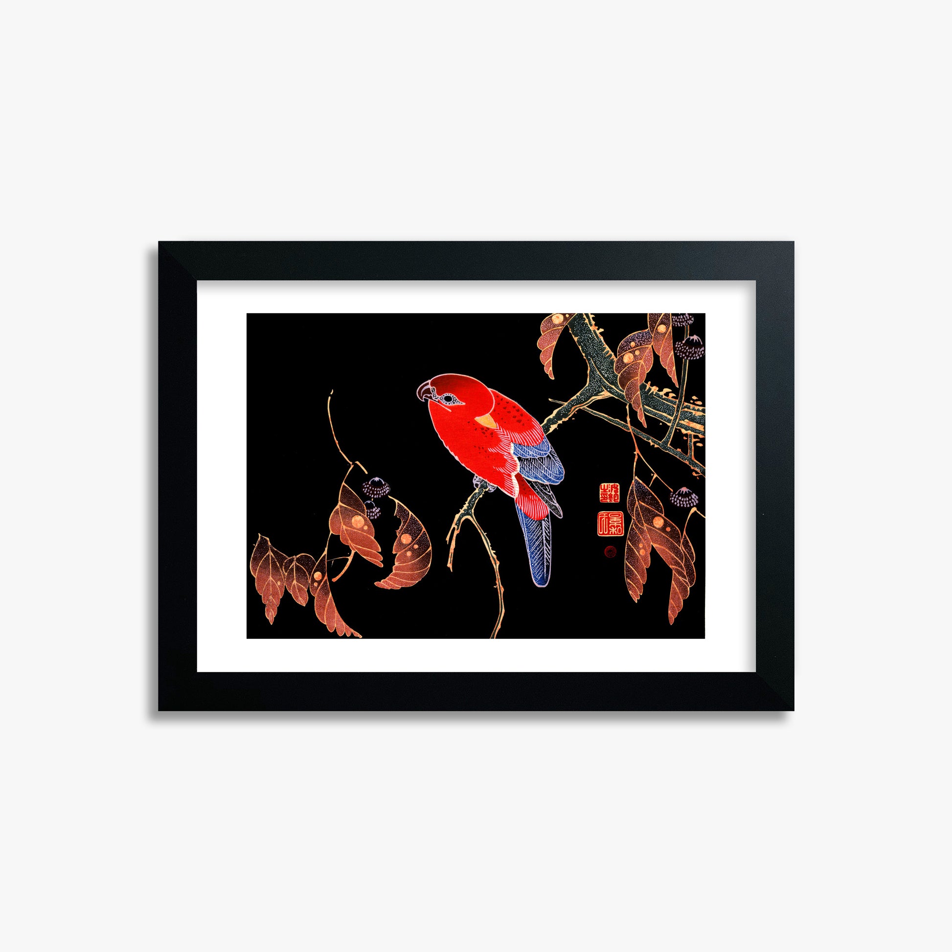 Ito Jakuchu: Red Parrot on the Branch of a Tree, 21x30cm Framed Art Reproduction With Black Frame