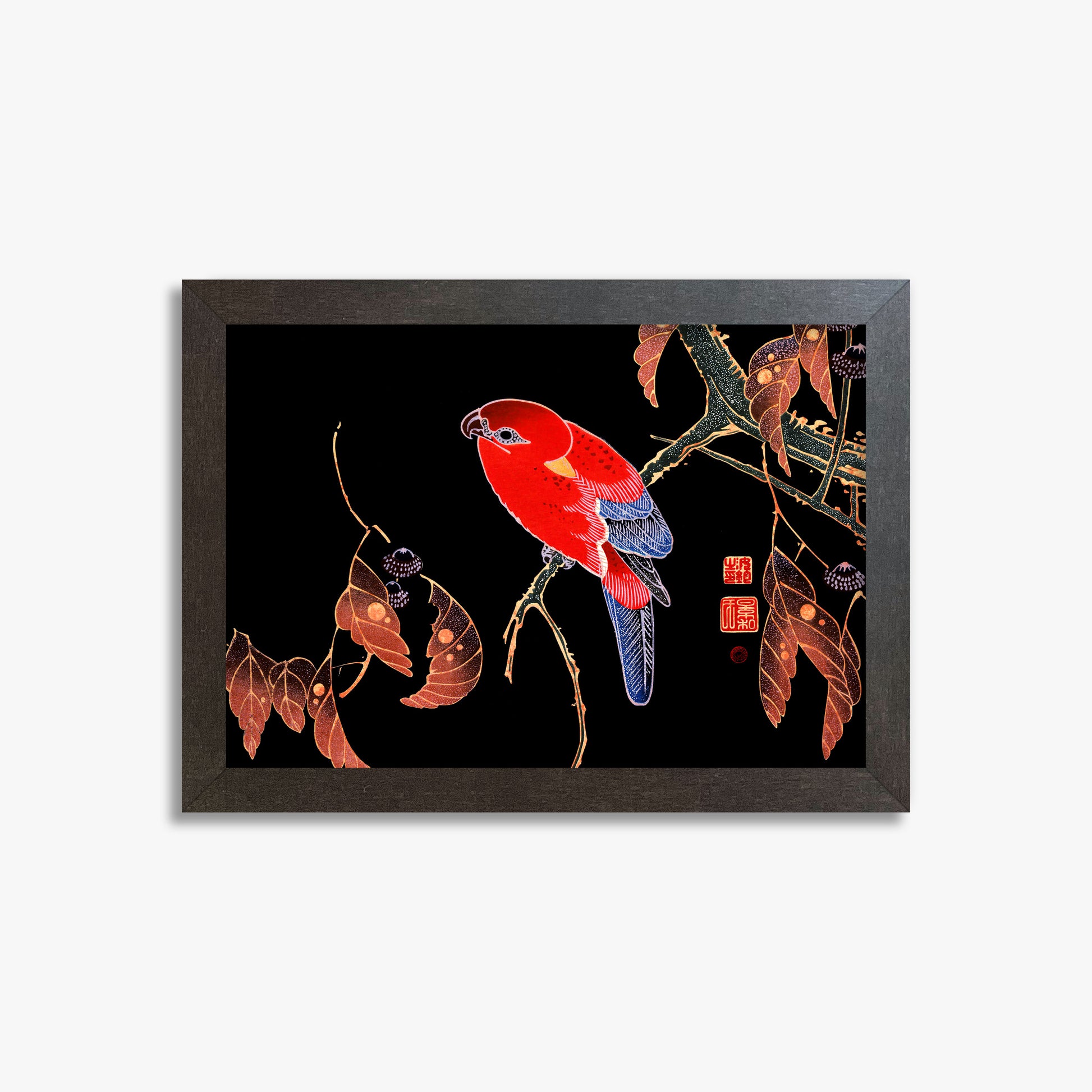 Ito Jakuchu: Red Parrot on the Branch of a Tree, 21x30cm Framed Art Reproduction With Espresso Frame