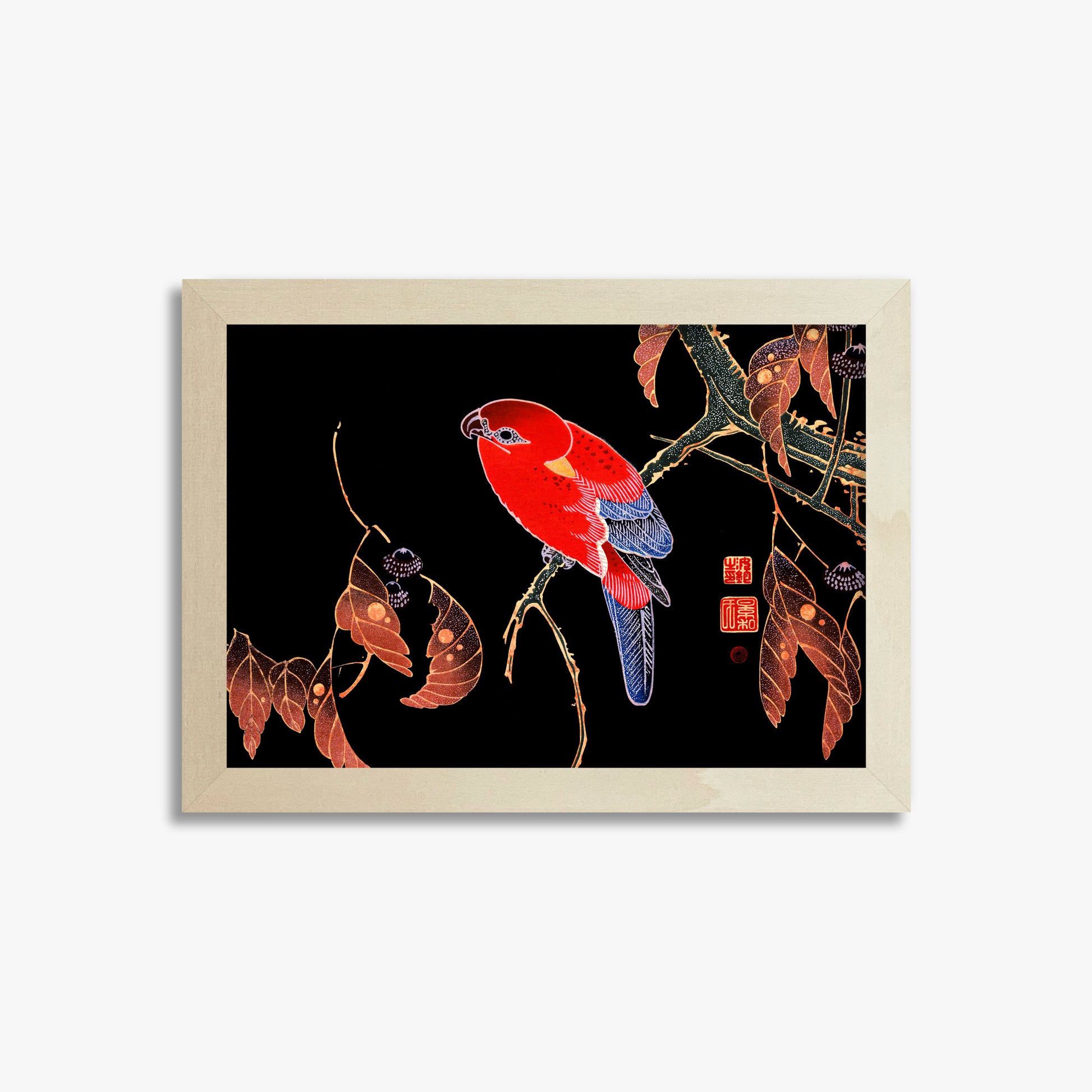 Ito Jakuchu: Red Parrot on the Branch of a Tree, 21x30cm Framed Art Reproduction With Lime Wood Frame