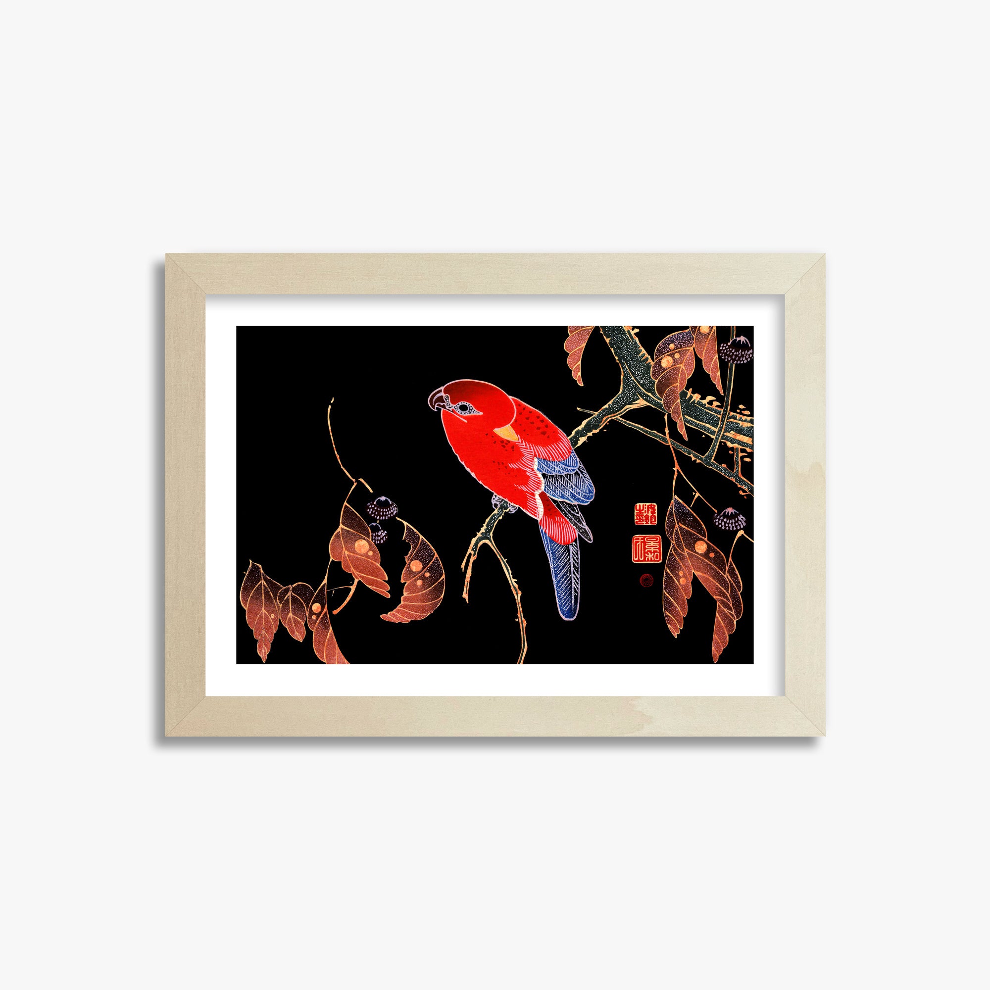 Ito Jakuchu: Red Parrot on the Branch of a Tree, 21x30cm Framed Art Reproduction With Lime Wood Frame