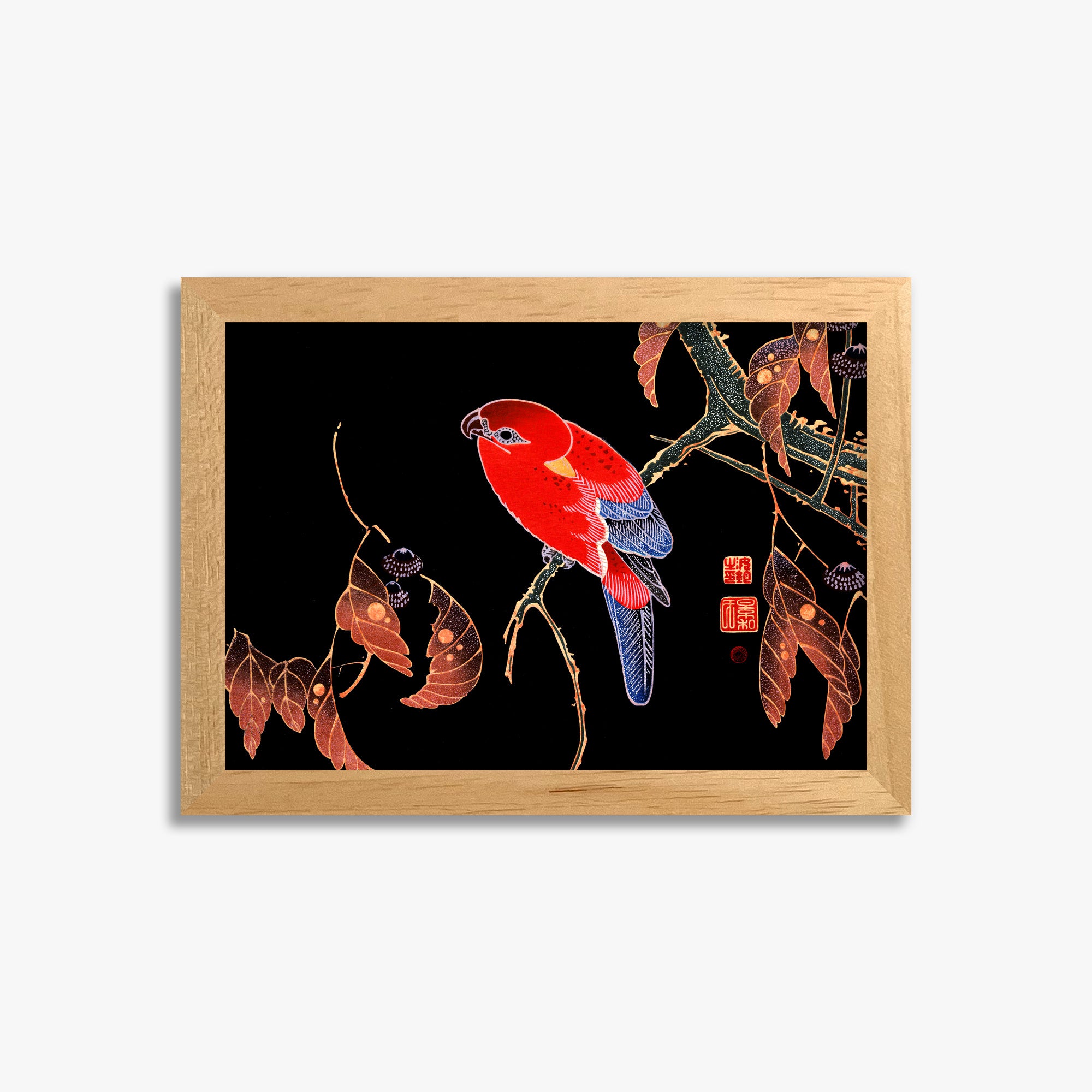 Ito Jakuchu: Red Parrot on the Branch of a Tree, 21x30cm Framed Art Reproduction With Oak Frame