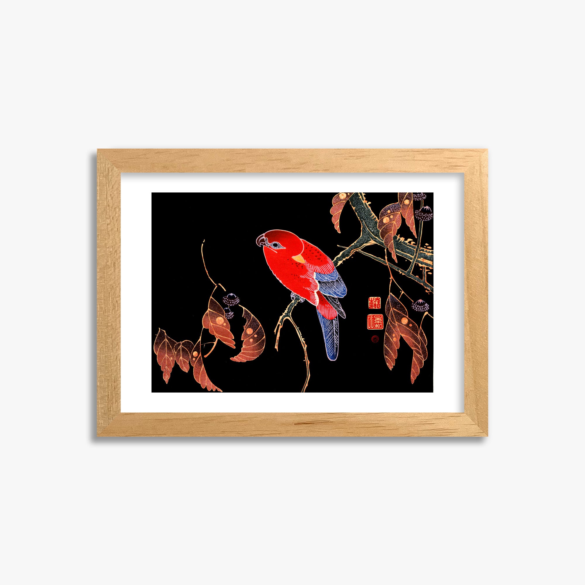 Ito Jakuchu: Red Parrot on the Branch of a Tree, 21x30cm Framed Art Reproduction With Oak Frame