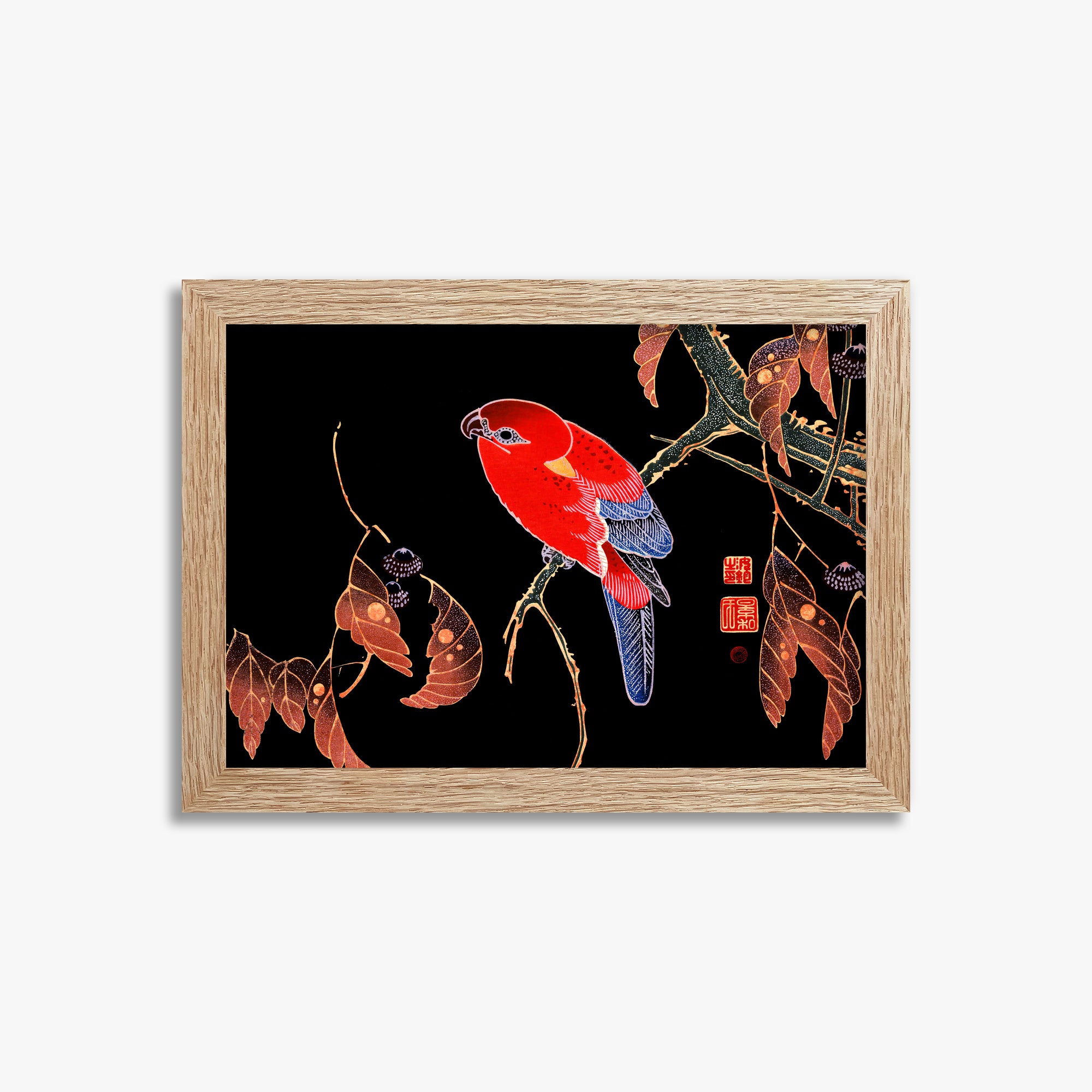 Ito Jakuchu: Red Parrot on the Branch of a Tree, 21x30cm Framed Art Reproduction With Raw Oak Frame